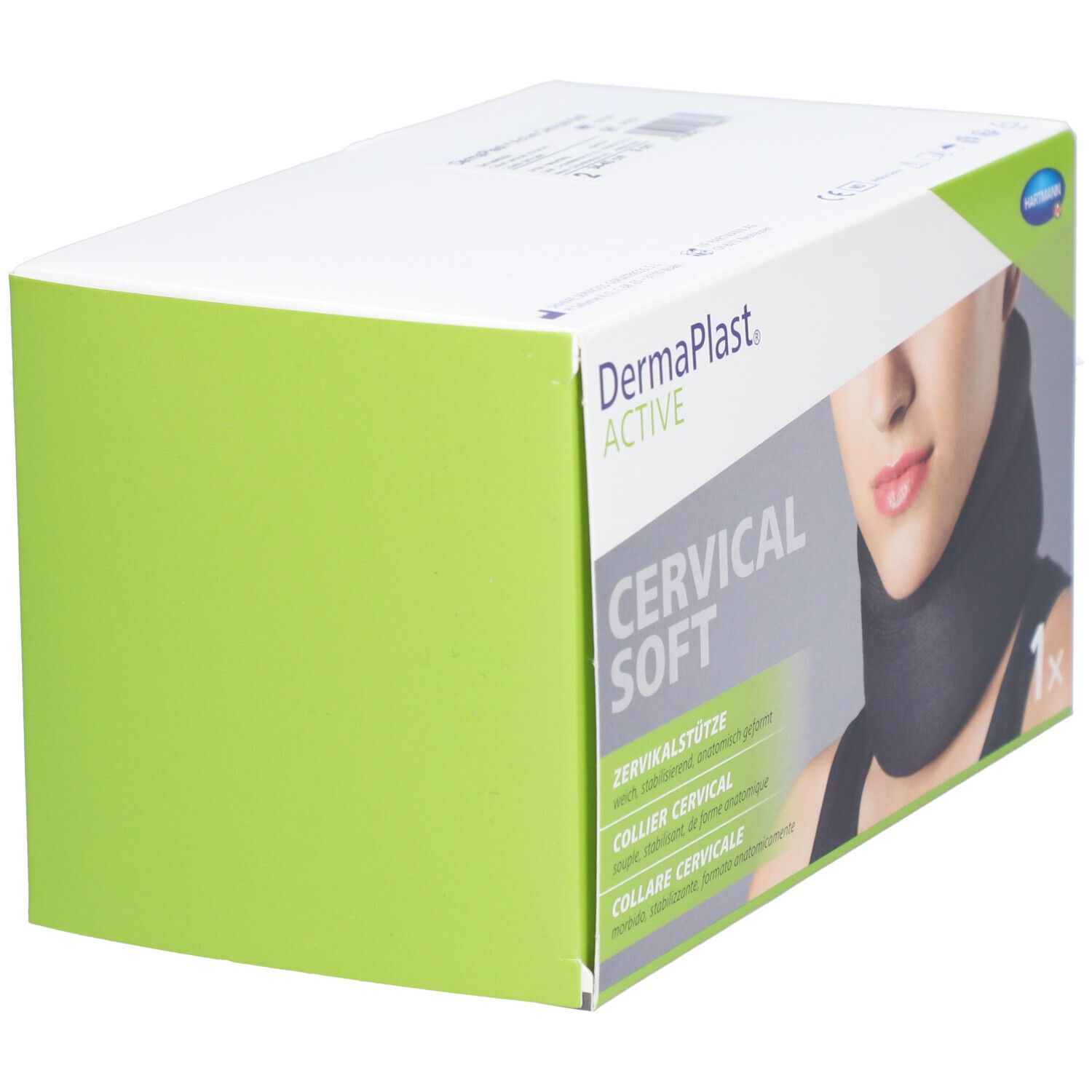 Verpackung Dermaplast Active Cervical Soft. Grüne Seite der Verpackung. Halskrause abgebildet. Marke und Produktname.
