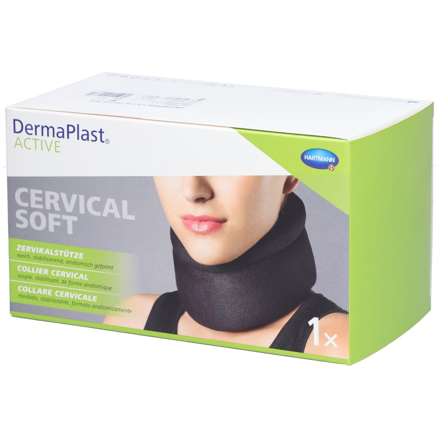 Verpackung Dermaplast Active Cervical Soft. Halskrause abgebildet. Produktname und Marke deutlich sichtbar.