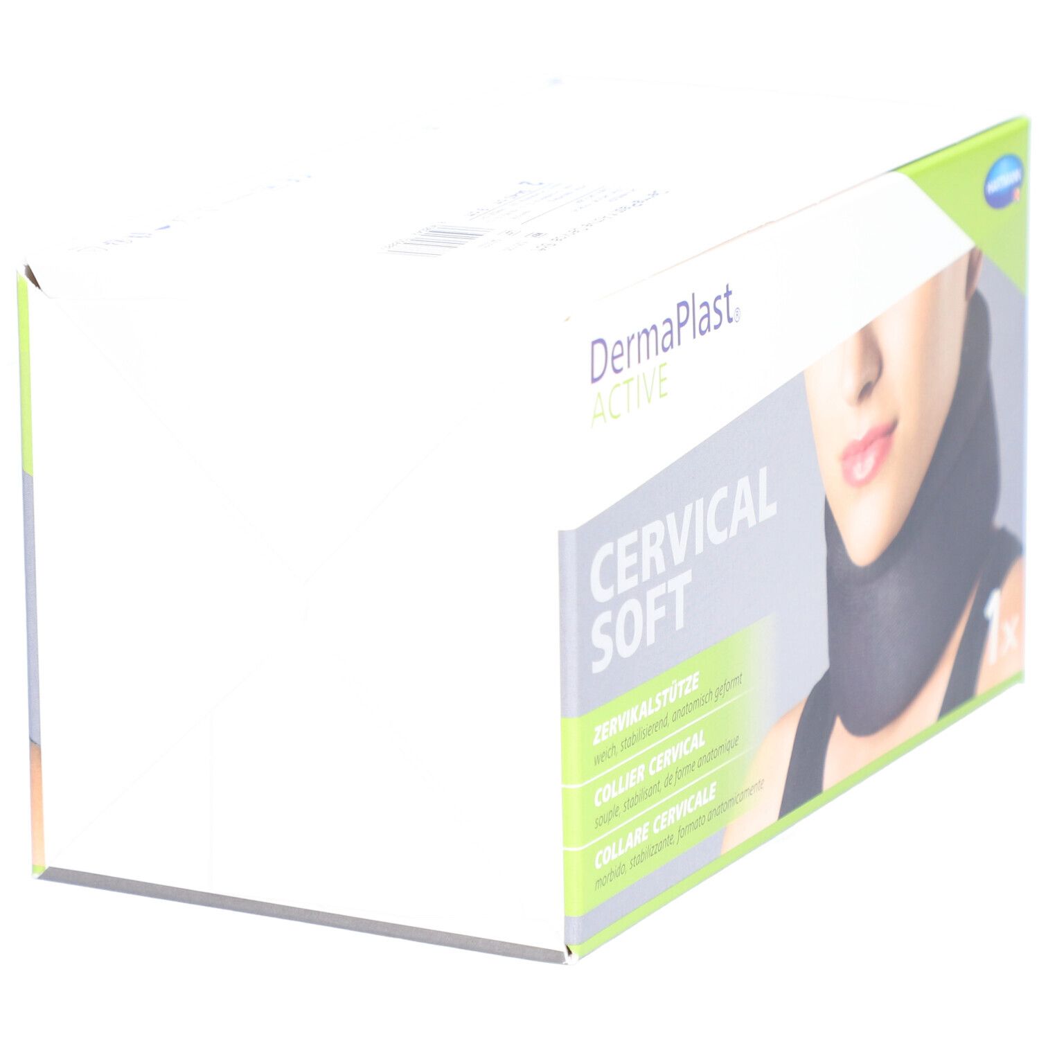 Verpackung Dermaplast Active Cervical Soft. Halskrause abgebildet. Produktname und Marke sichtbar.
