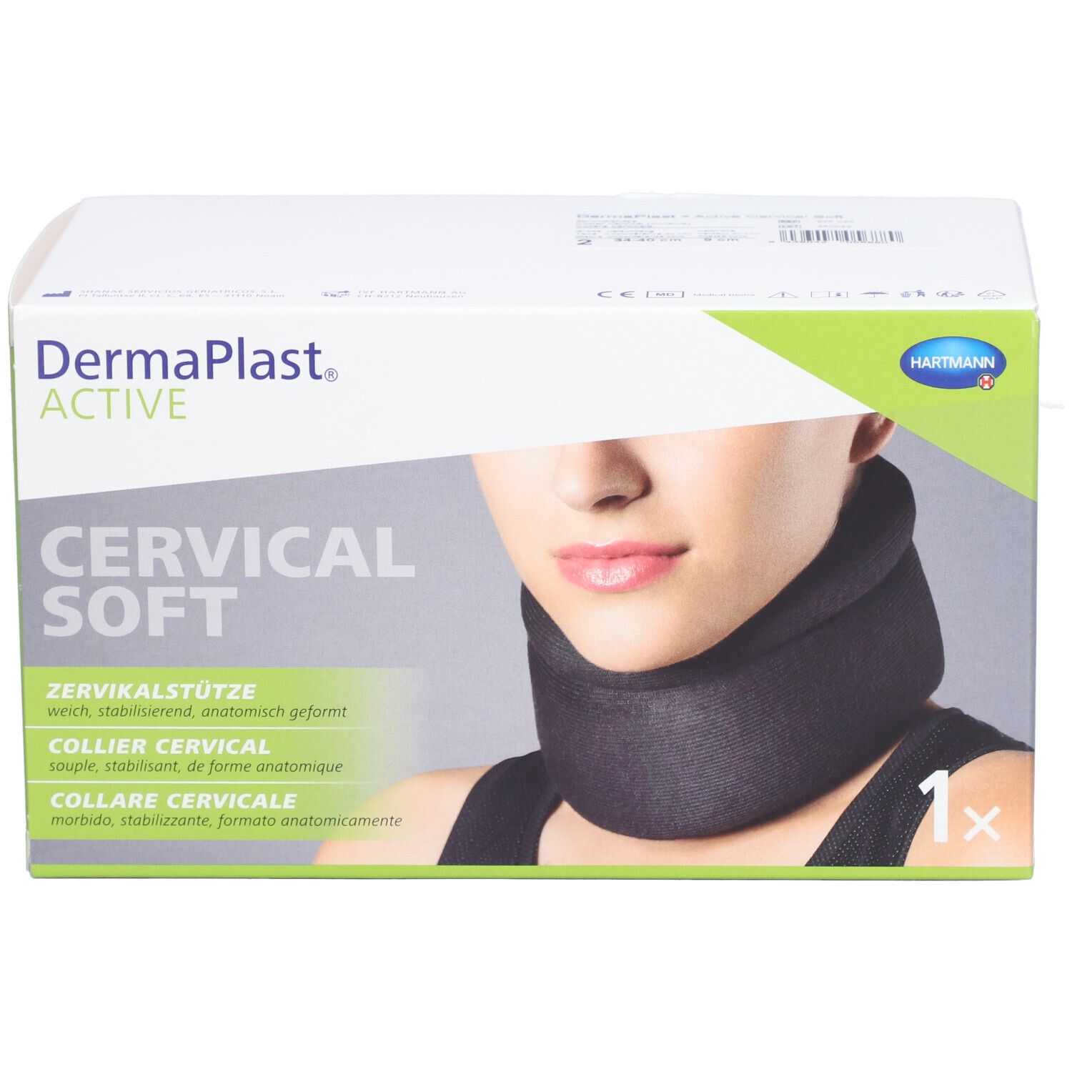 Verpackung Dermaplast Active Cervical Soft. Halskrause abgebildet. Produktname und Marke deutlich sichtbar.