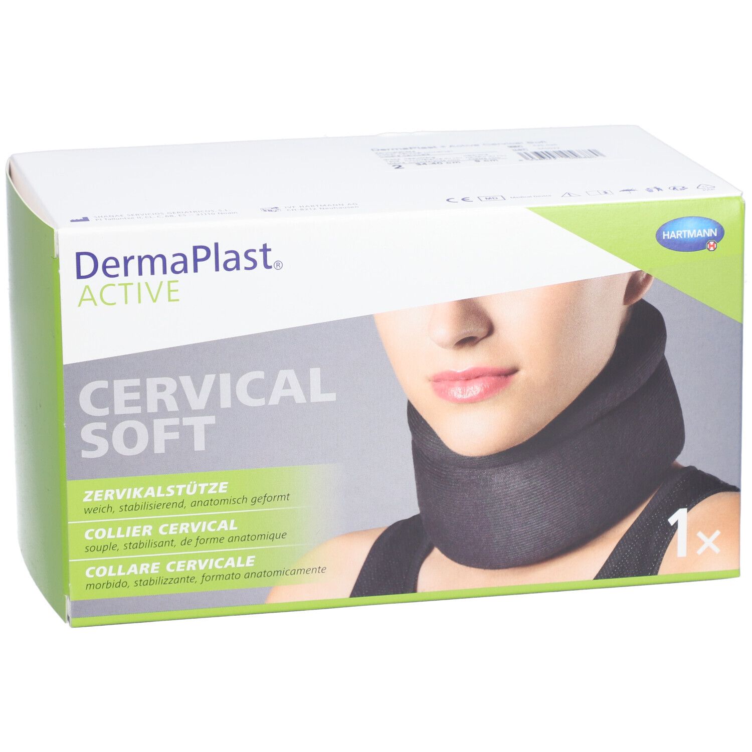Verpackung Dermaplast Active Cervical Soft. Halskrause abgebildet. Produktname und Marke deutlich sichtbar.