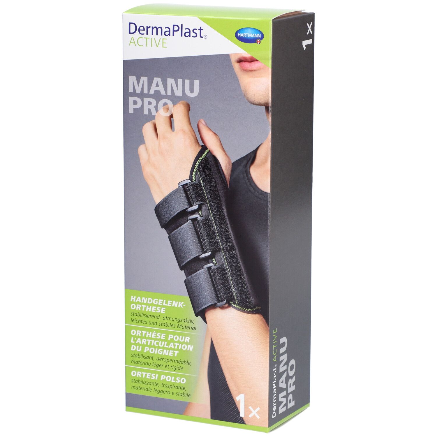 Emballage de l'orthèse de poignet Dermaplast Active Manu Pro. La boîte montre l'orthèse sur le poignet.