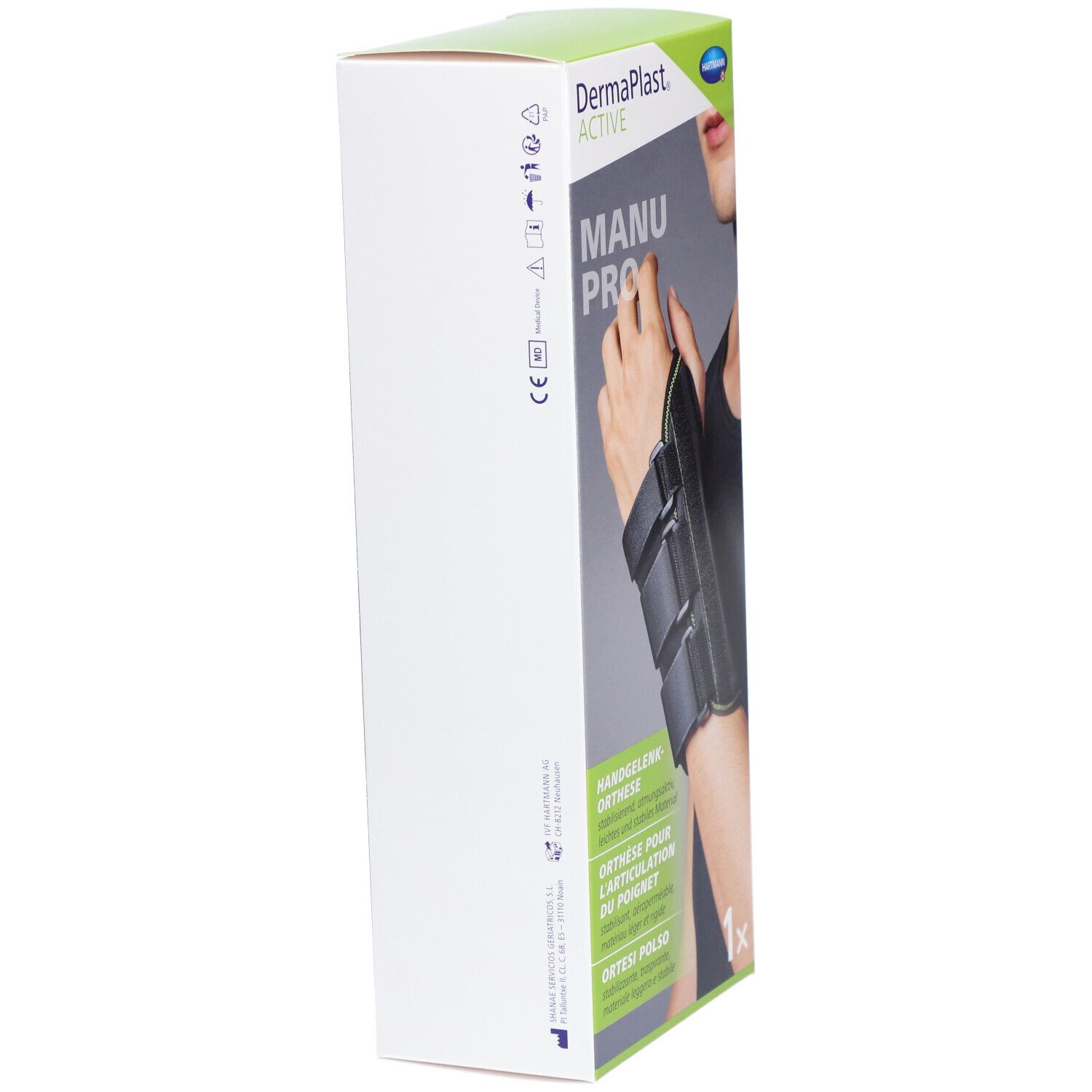 Vue latérale de l'emballage Dermaplast Active Manu Pro. La boîte montre le produit et les noms.