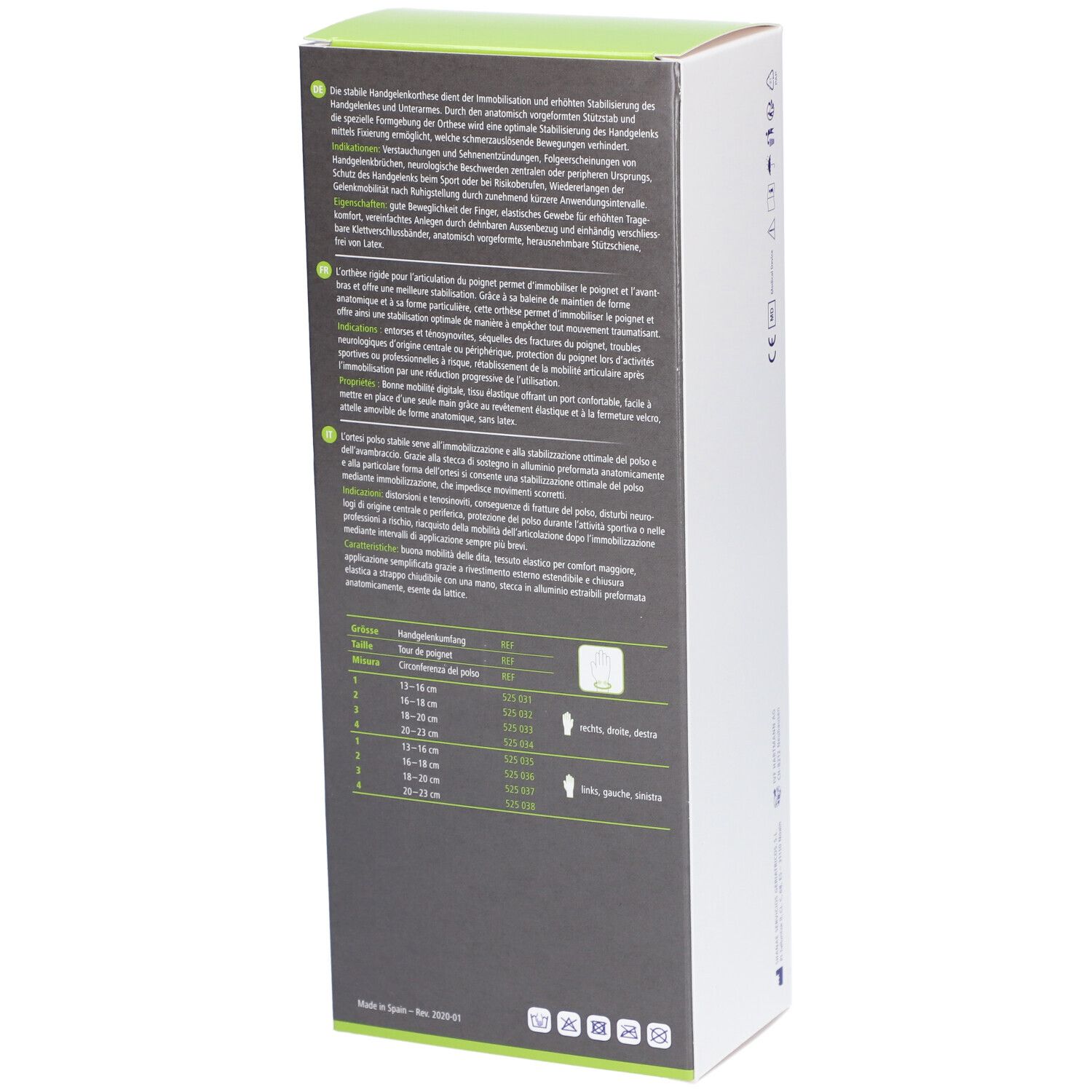 Dos de l'emballage Dermaplast Active Manu Pro. Informations textuelles et tableau des tailles visibles.