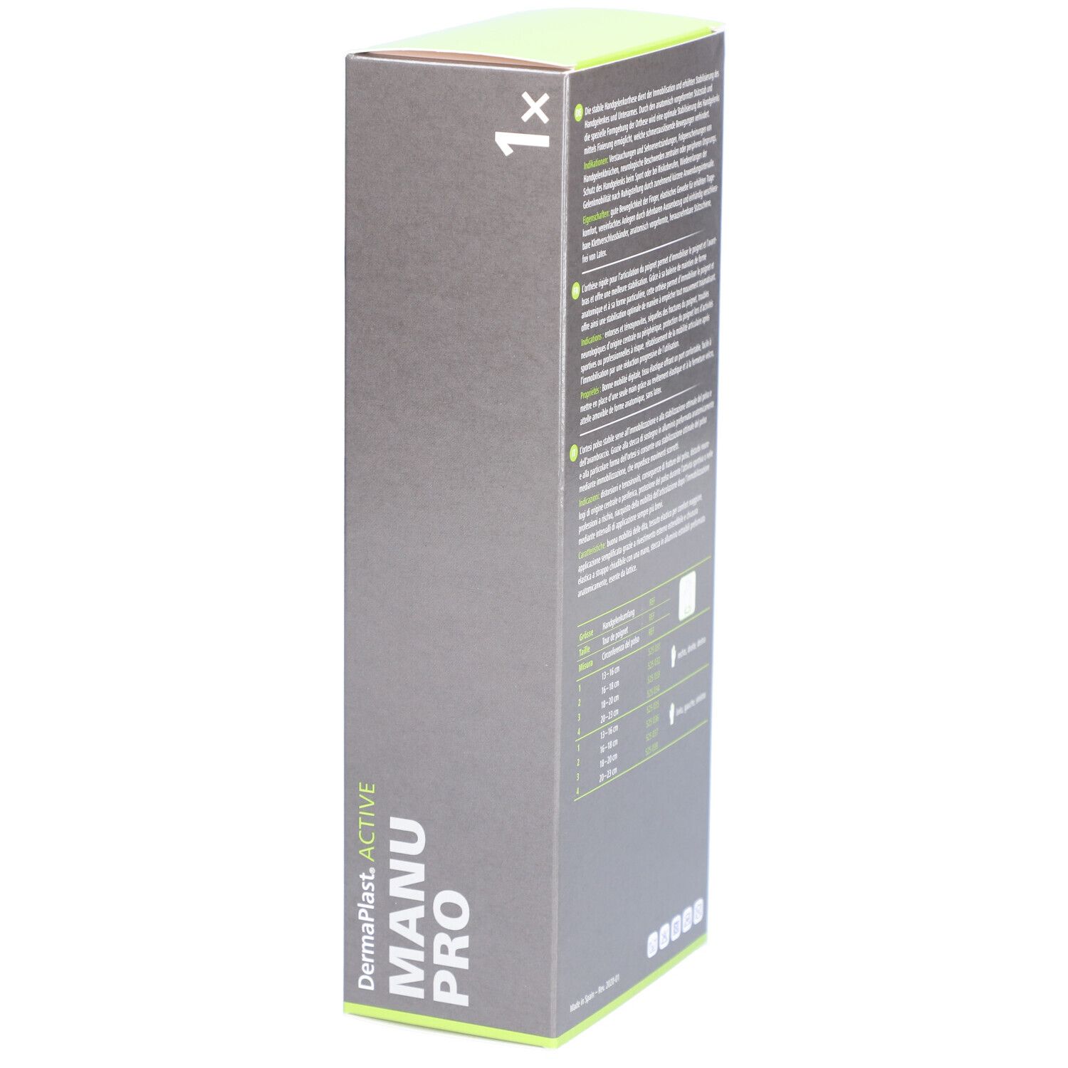 Vue latérale de l'emballage Dermaplast Active Manu Pro. Le nom du produit et le logo sont visibles.