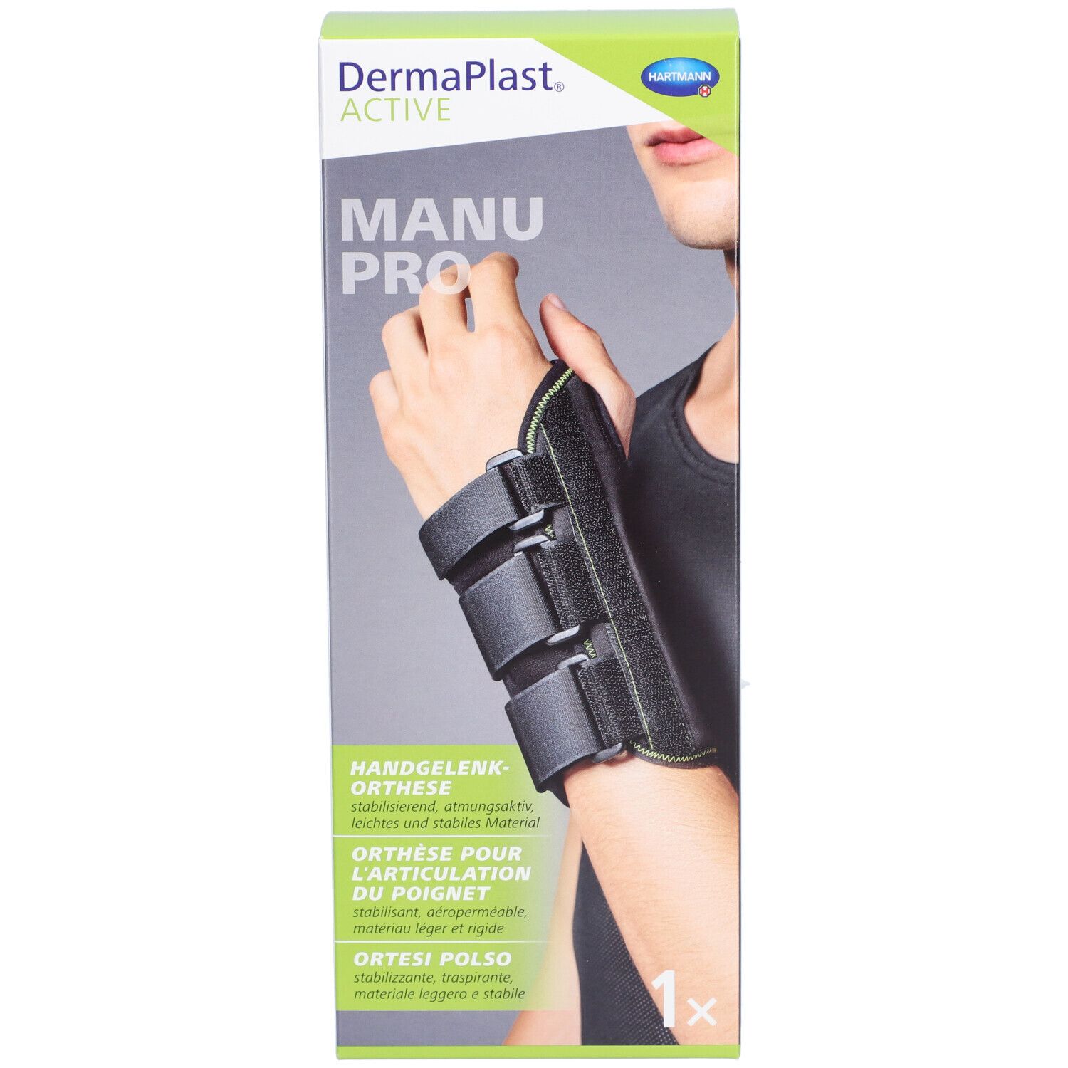 Orthèse de poignet Dermaplast Active Manu Pro dans son emballage. L'orthèse est montrée sur le poignet.