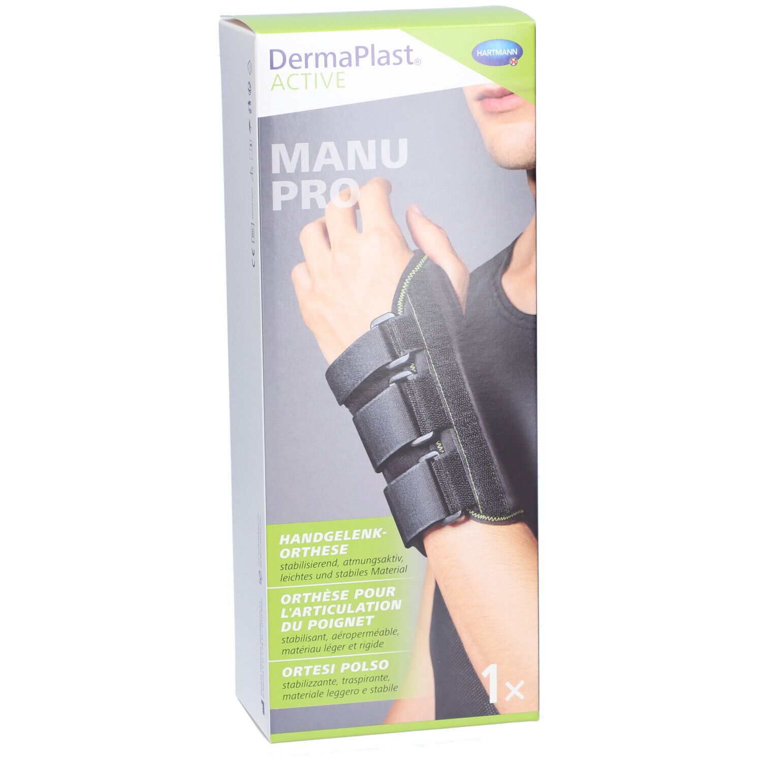 Orthèse de poignet Dermaplast Active Manu Pro dans son emballage. L'orthèse est montrée sur le poignet.