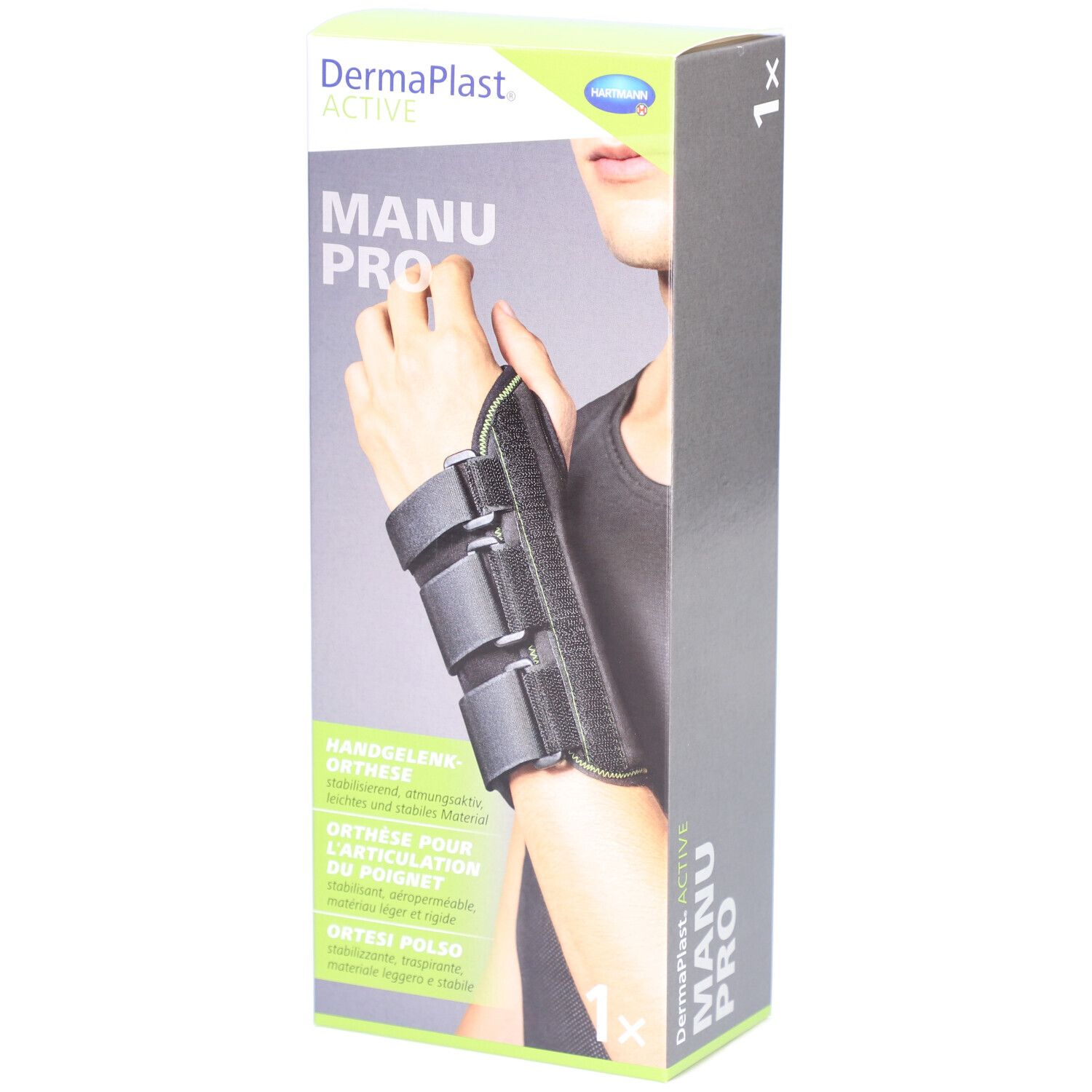 Emballage de l'orthèse de poignet Dermaplast Active Manu Pro. Une main avec l'orthèse est illustrée. Inscriptions : Manu Pro, orthèse de poignet.