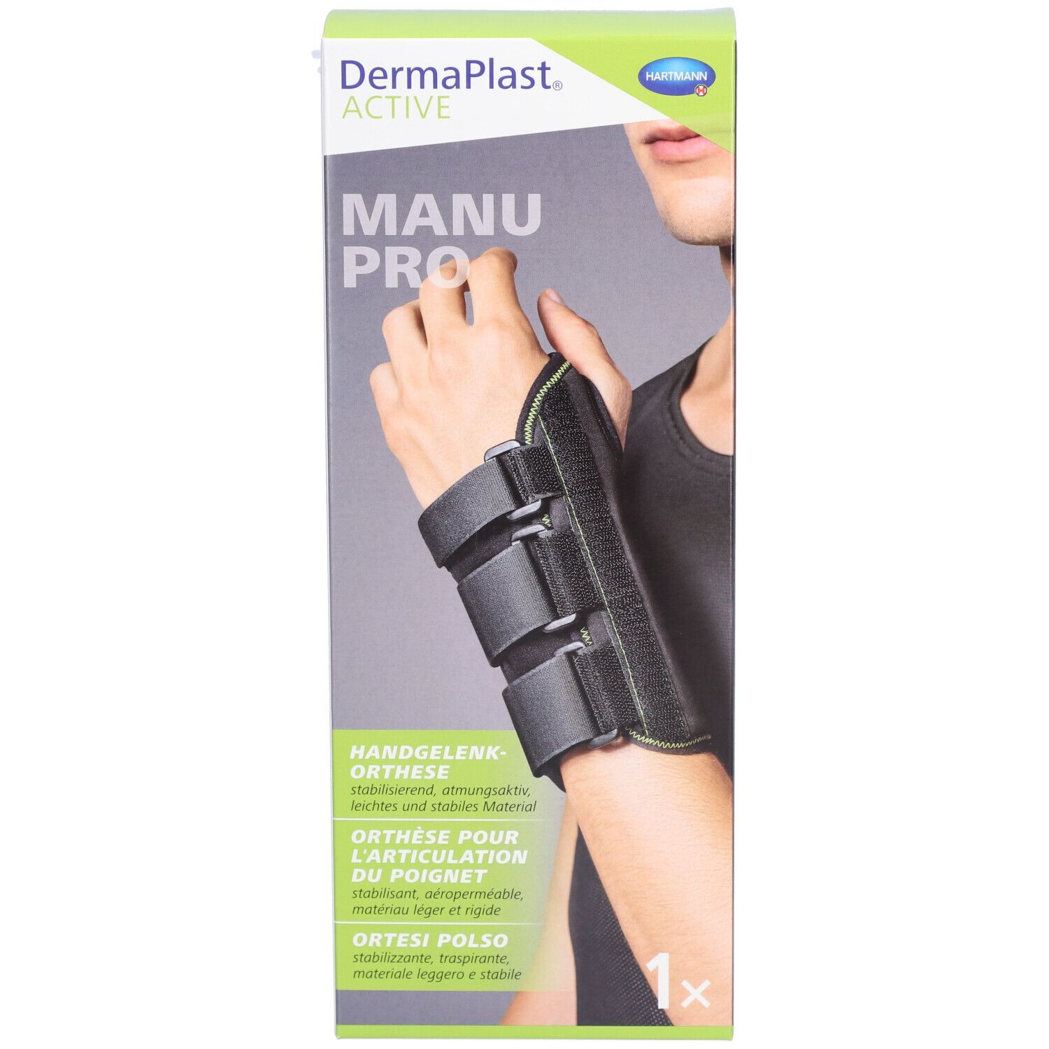 Emballage de l'orthèse de poignet Dermaplast Active Manu Pro. Une main avec l'orthèse est illustrée. Inscriptions : Manu Pro, orthèse de poignet.