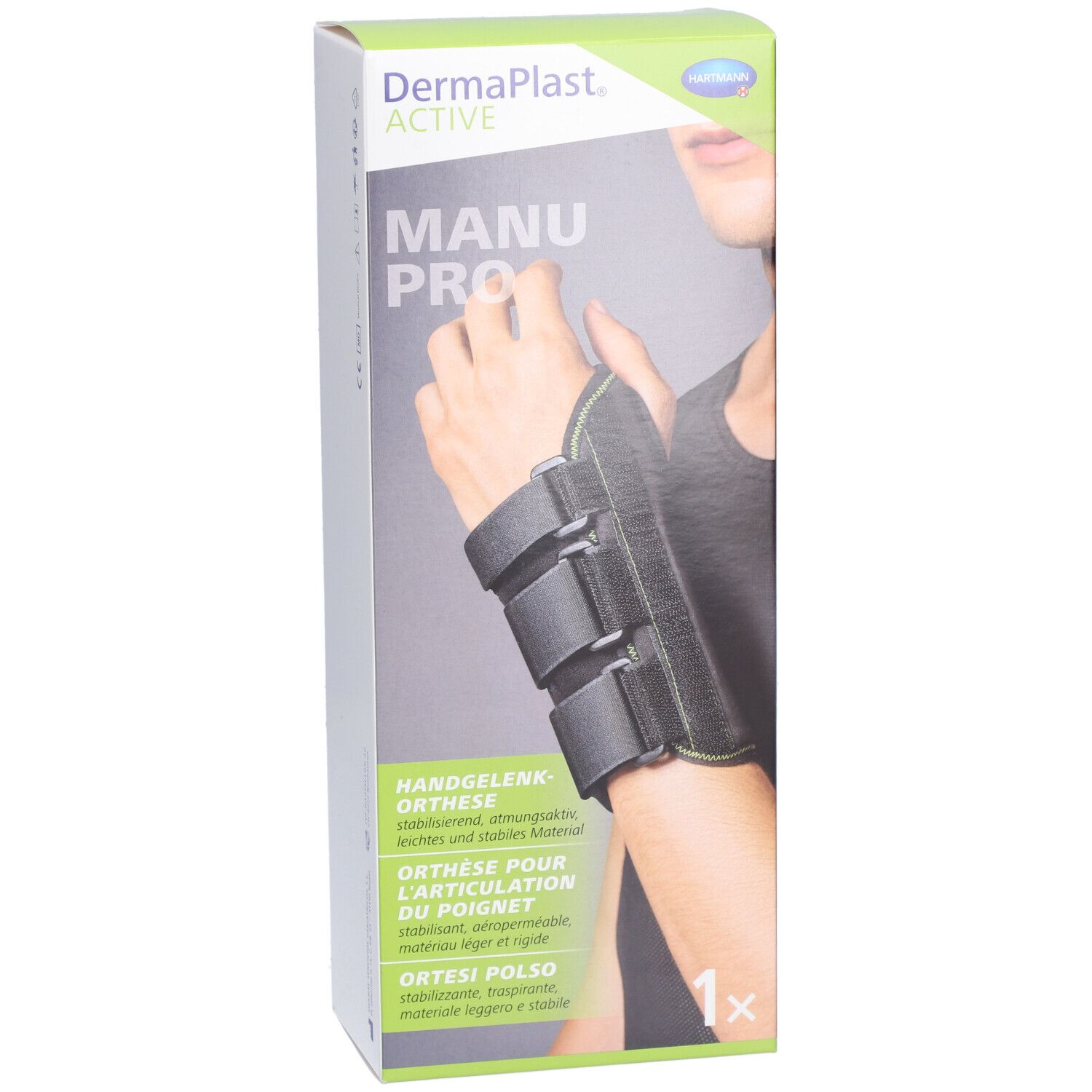 Emballage de l'orthèse de poignet Dermaplast Active Manu Pro. Une main avec l'orthèse est illustrée. Inscriptions : Manu Pro, orthèse de poignet.
