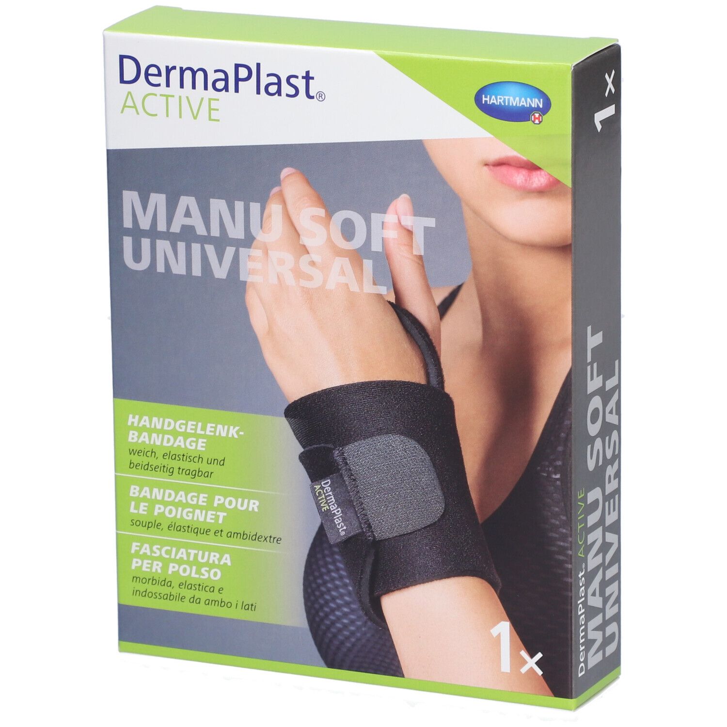 Boîte de bandage pour poignet. Noir, fermeture velcro. Marque: DermaPlast Aktiv Manu Soft Universal. 1 pièce.