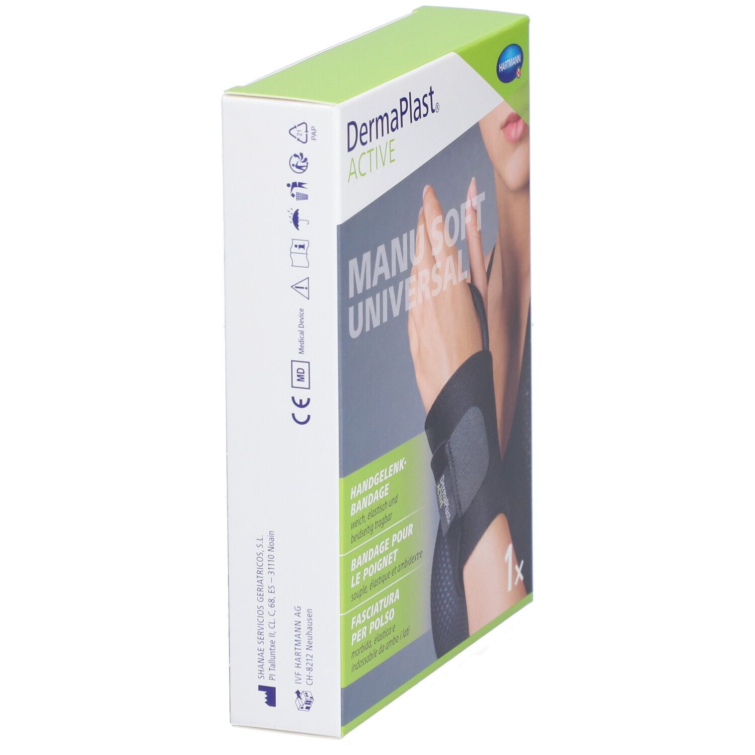Vue latérale de l'emballage. Marque: DermaPlast Aktiv Manu Soft Universal. Avec image et texte du produit.
