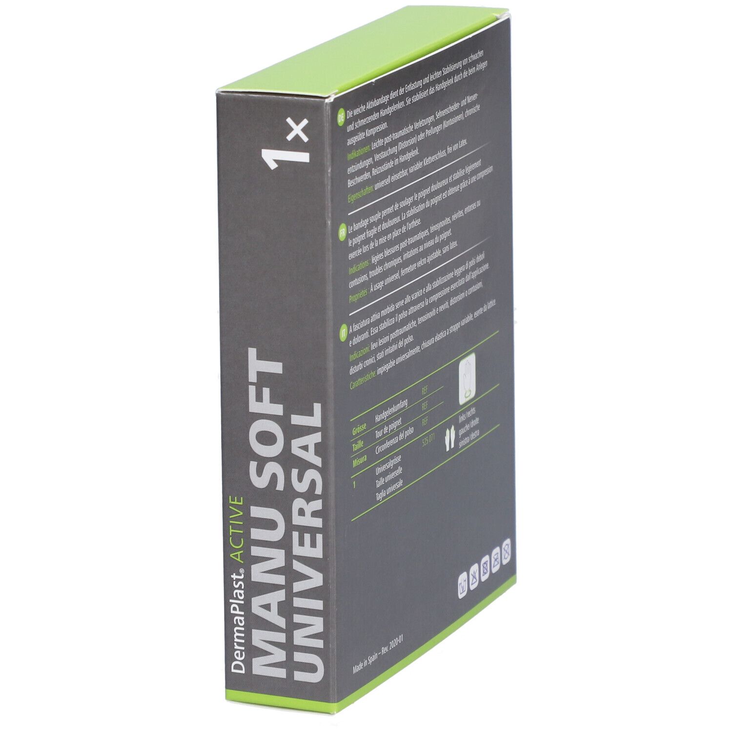 Emballage en biais. Marque: DermaPlast Aktiv Manu Soft Universal. Avec image et texte du produit.