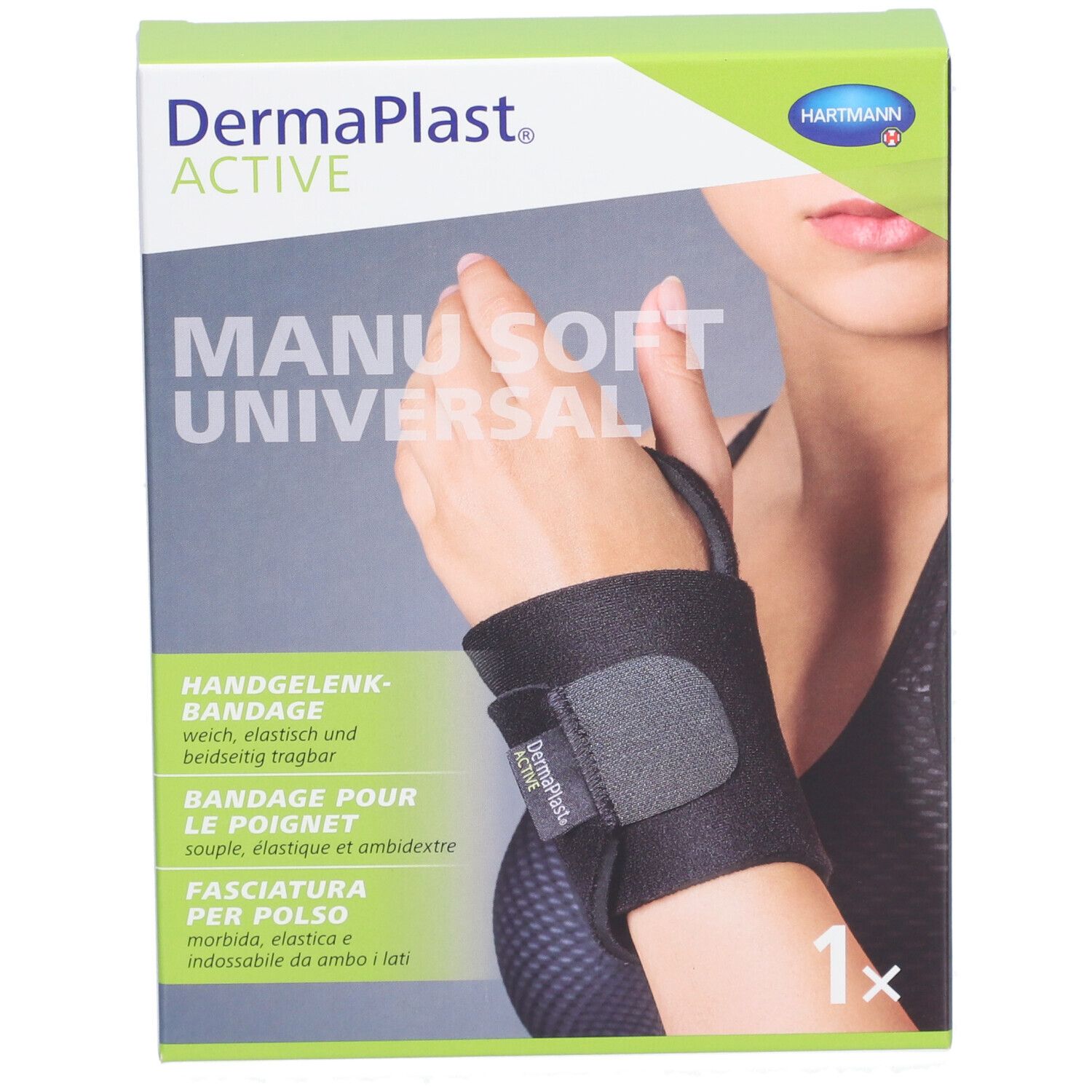 Boîte de bandage pour poignet. Noir, fermeture velcro. Marque: DermaPlast Aktiv Manu Soft Universal. 1 pièce.