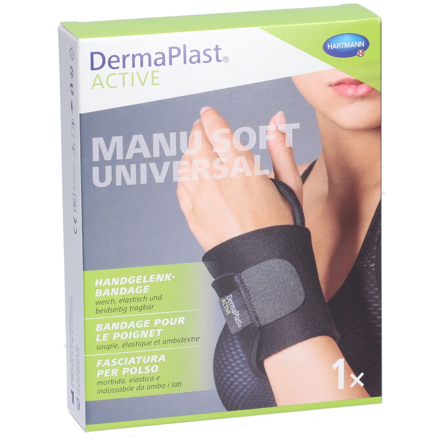 Boîte de bandage pour poignet. Noir, fermeture velcro. Marque: DermaPlast Aktiv Manu Soft Universal. 1 pièce.