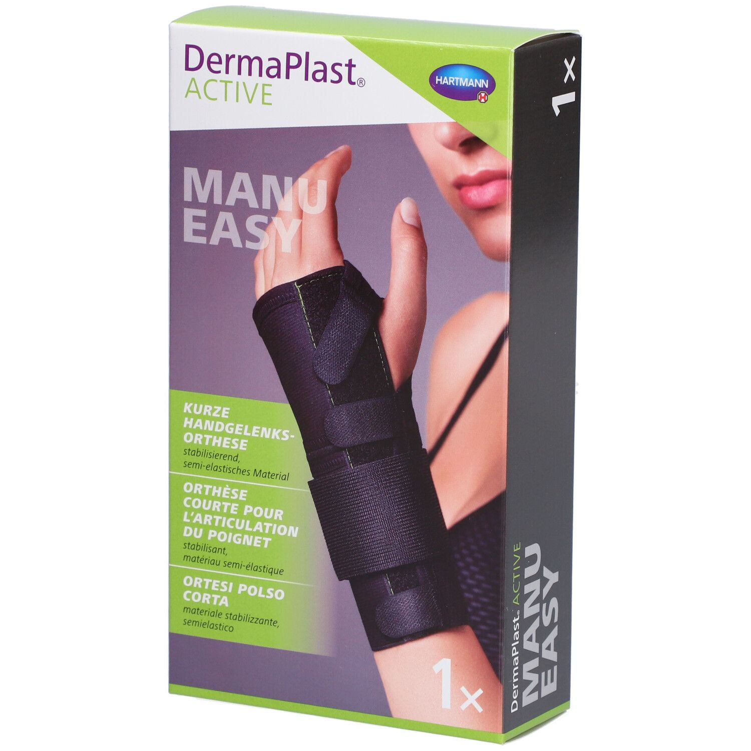 Emballage Dermaplast Active Manu Easy. Orthèse de poignet représentée. Inscriptions: Manu Easy, 1x.