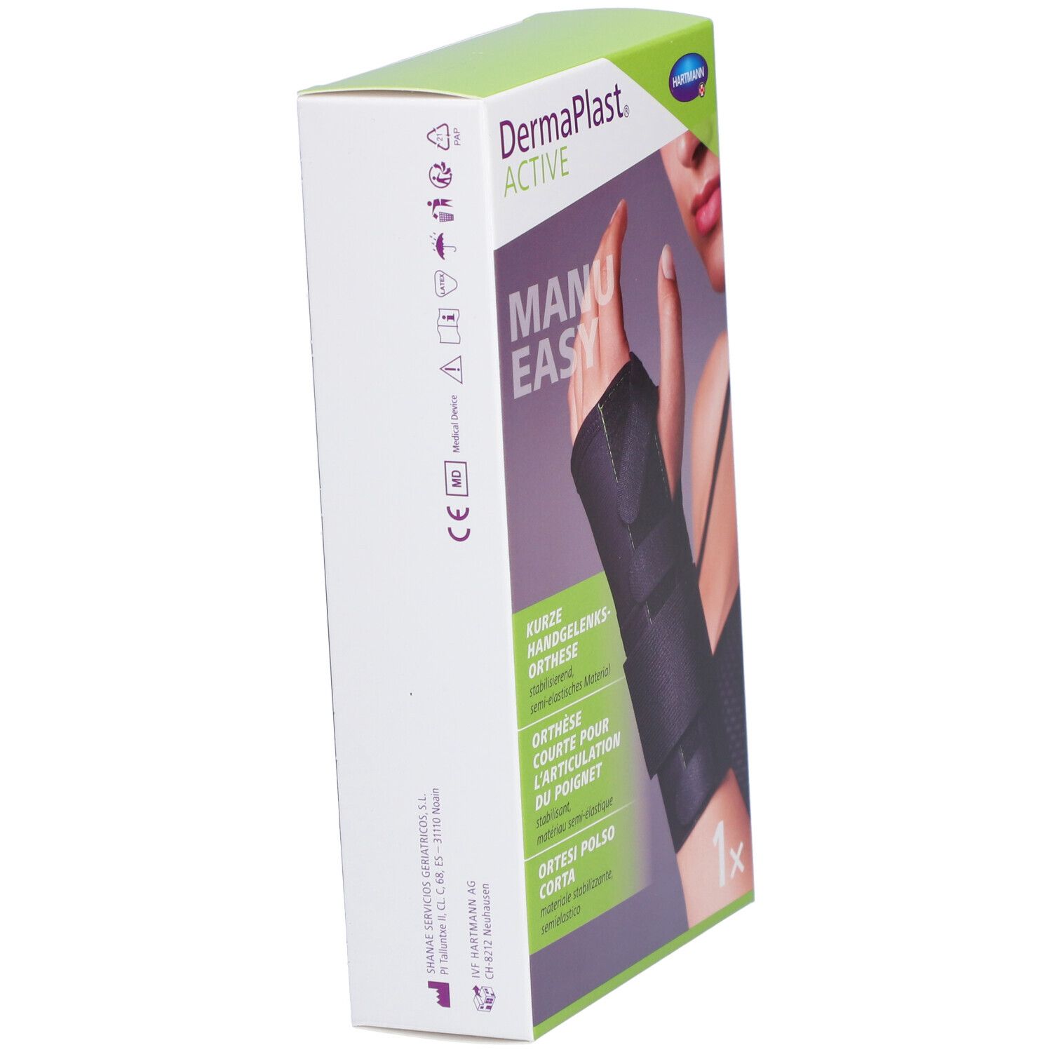 Vue latérale de l'emballage Dermaplast Active Manu Easy. Texte: Manu Easy, Orthèse de poignet courte, 1x.