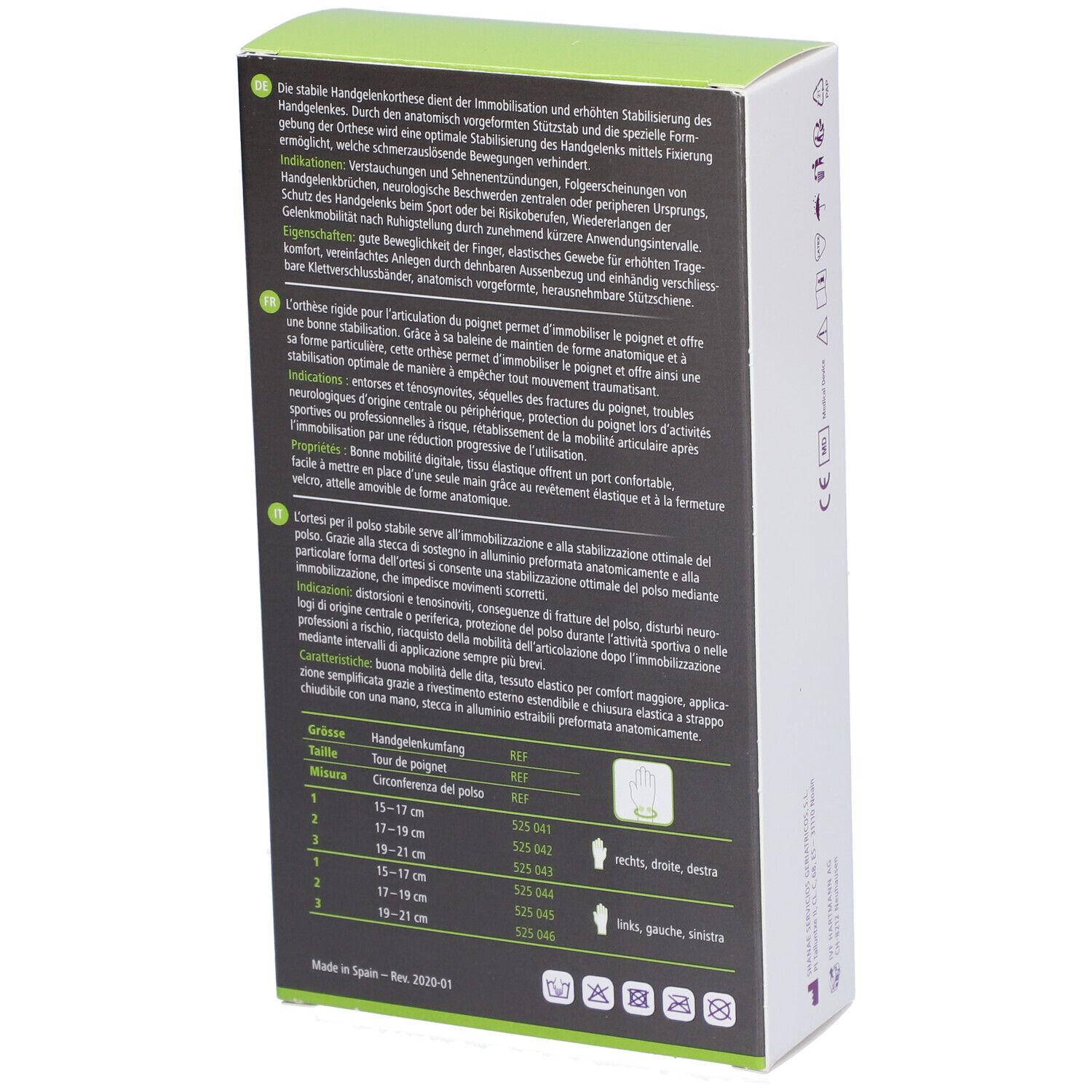 Dos de l'emballage Dermaplast Active Manu Easy. Texte: Informations sur l'orthèse de poignet, tableau des tailles.