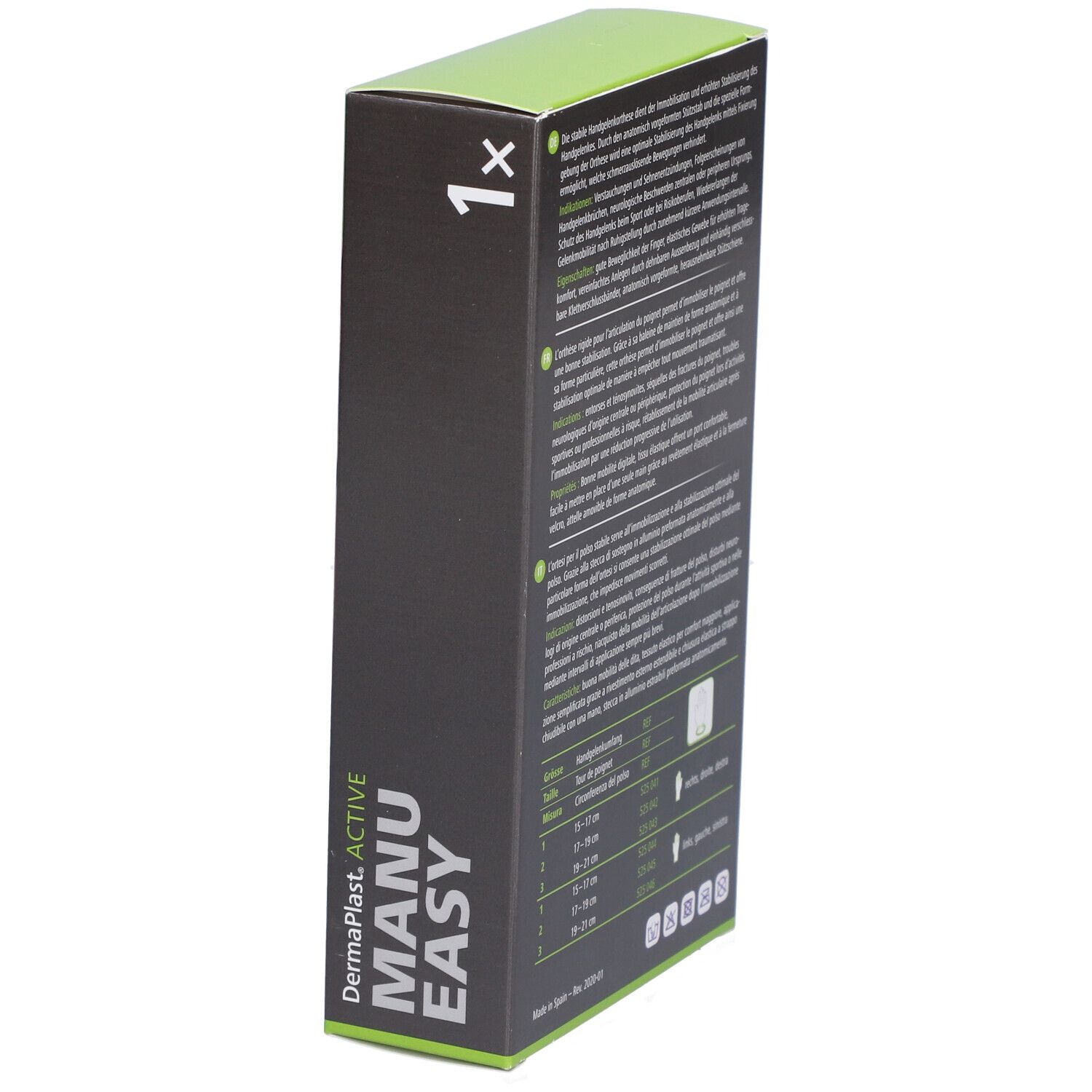 Vue latérale de l'emballage Dermaplast Active Manu Easy. Texte: Manu Easy, informations sur l'orthèse de poignet.