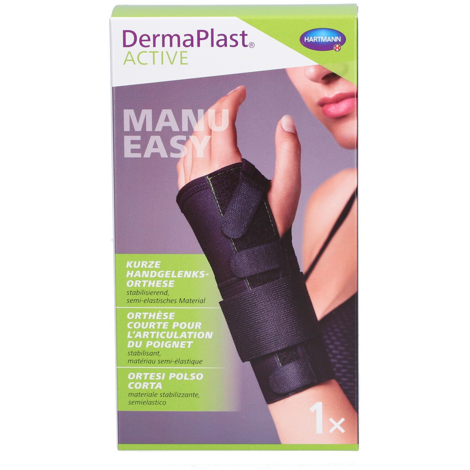 Emballage Dermaplast Active Manu Easy. Orthèse de poignet représentée. Texte: Manu Easy, 1x.