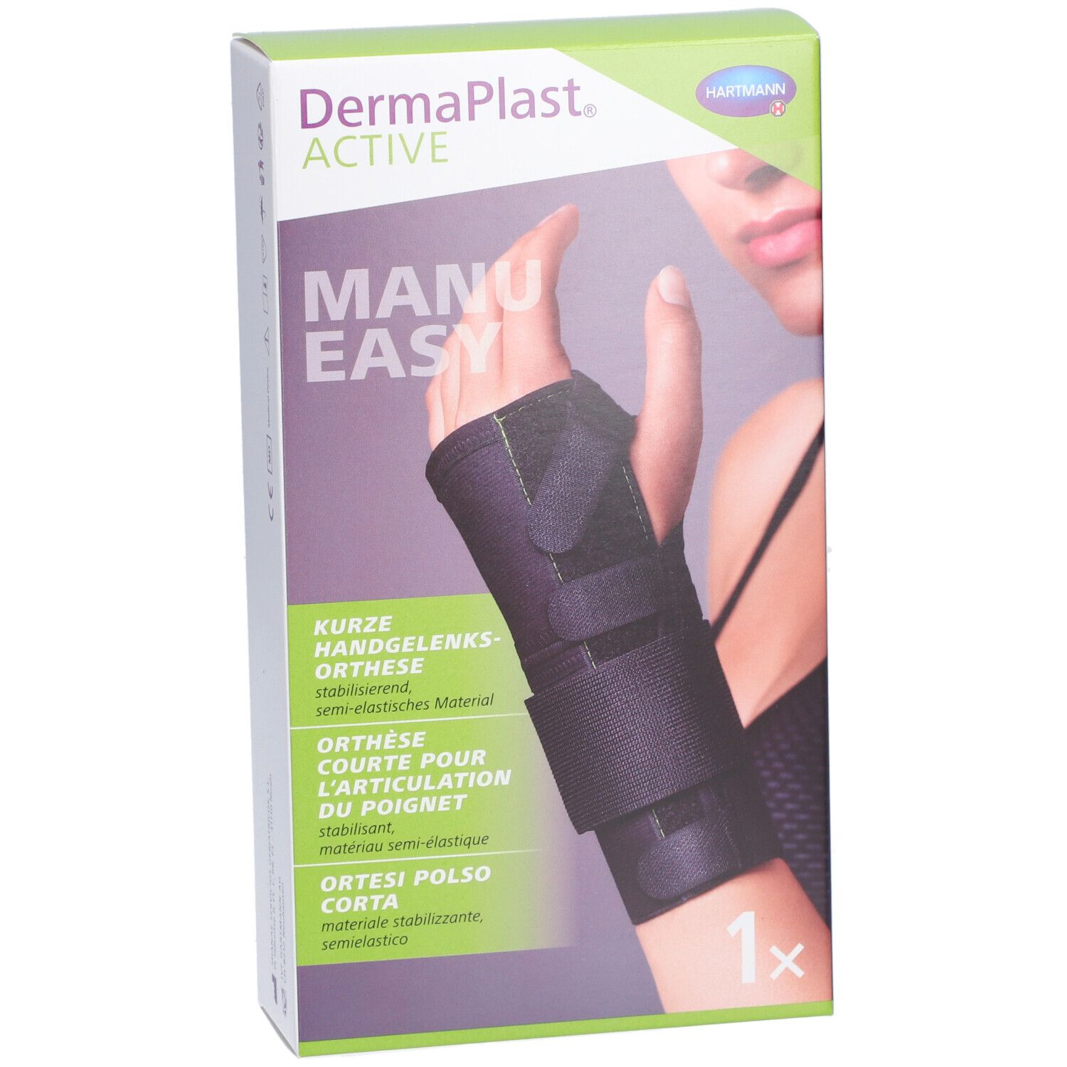 Emballage Dermaplast Active Manu Easy. Orthèse de poignet représentée. Texte: Manu Easy, 1x.
