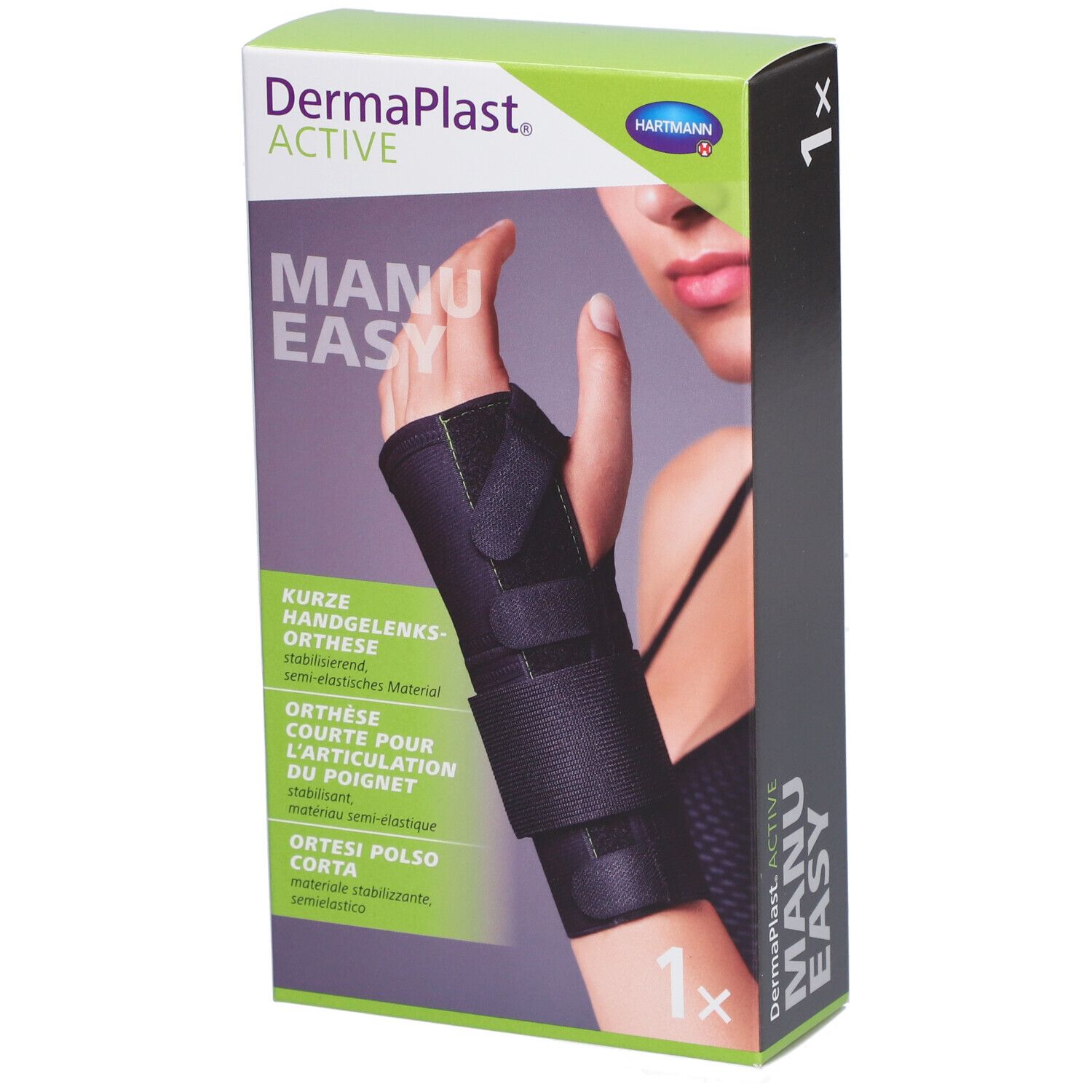 Verpackung der Handgelenkorthese. Marke: Dermaplast Active Manu Easy. Schwarze Orthese auf einer Hand abgebildet.
