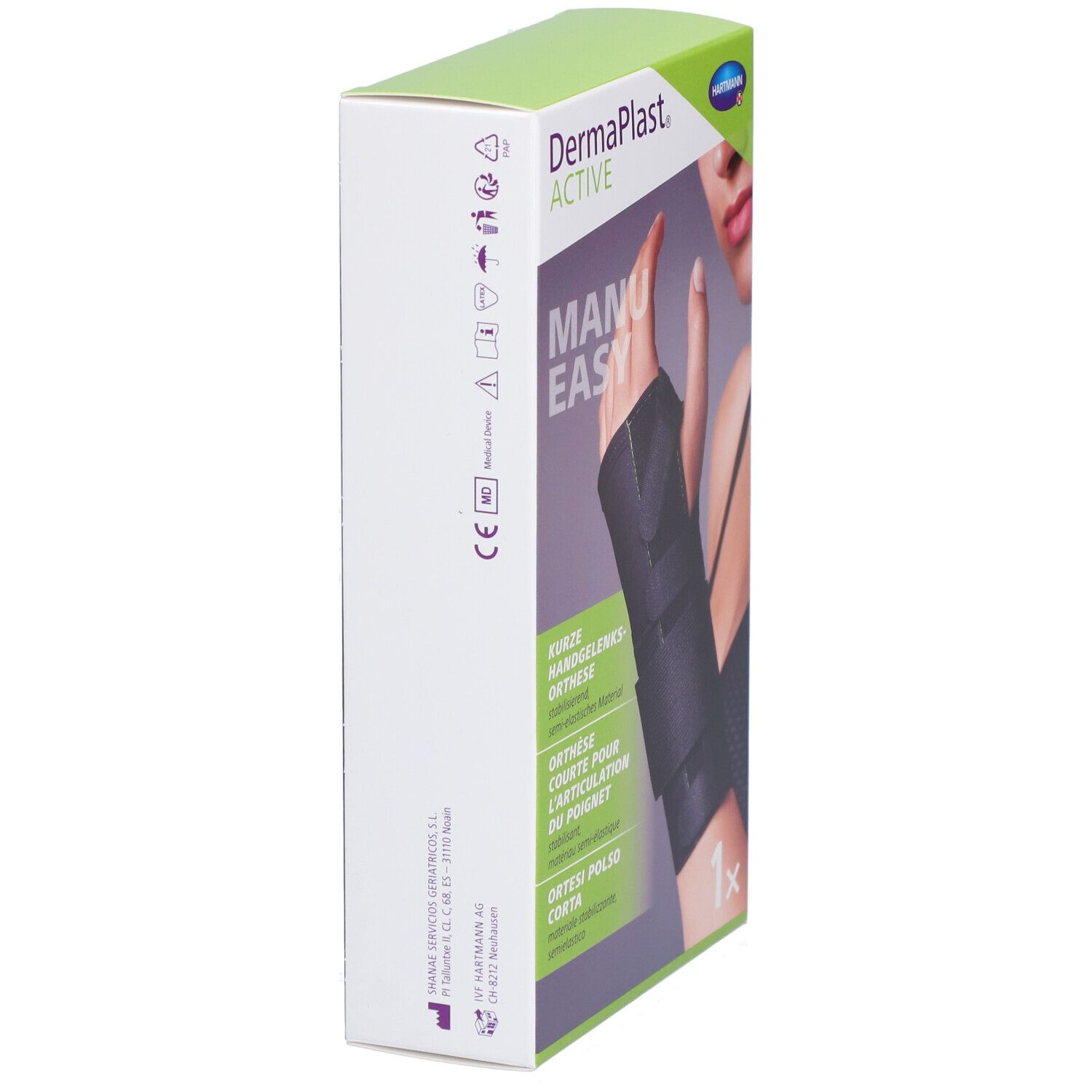 Seitenansicht der Verpackung. Marke: Dermaplast Active Manu Easy. Text in Deutsch, Französisch, Italienisch.