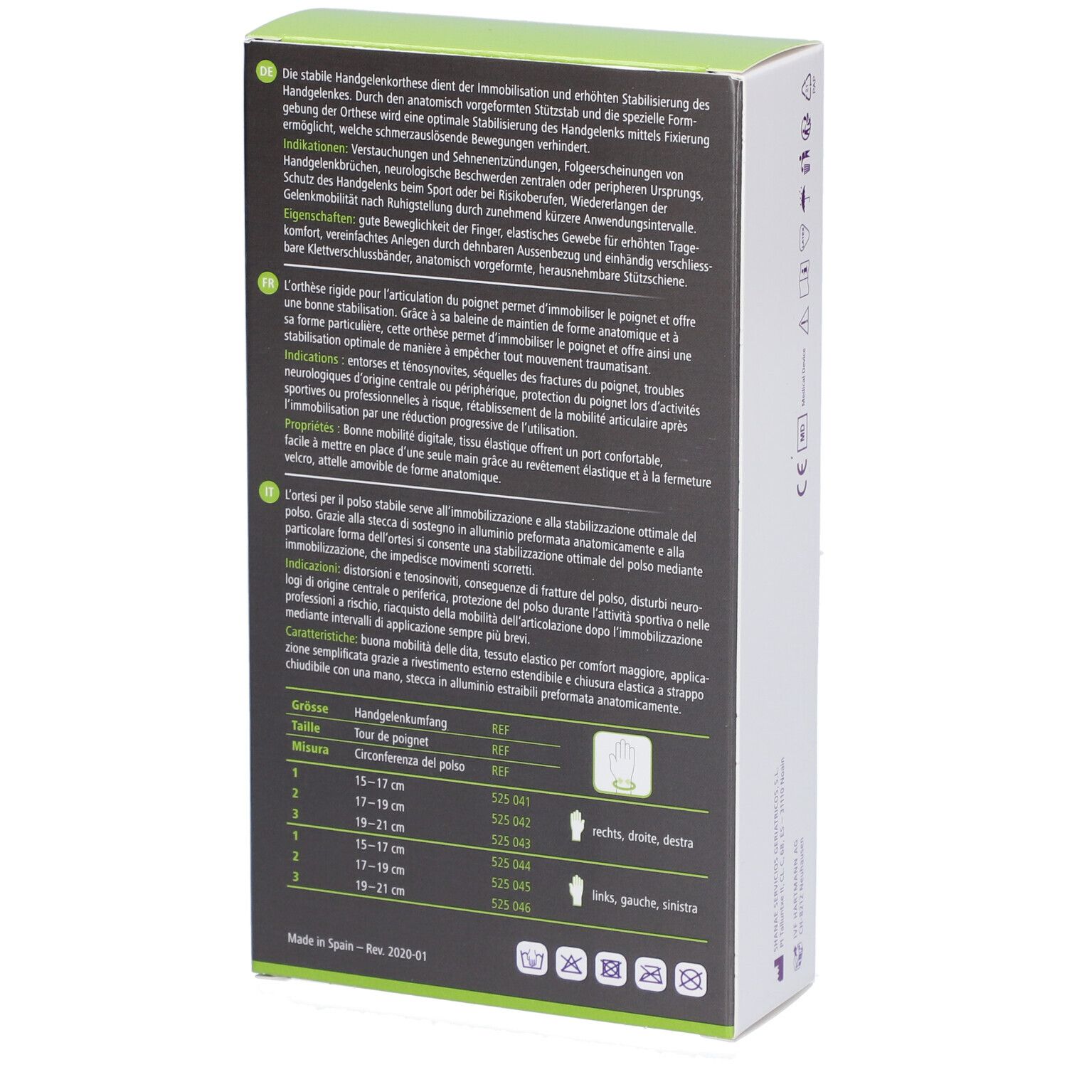 Rückseite der Verpackung. Text in Deutsch, Französisch, Italienisch. Größenangaben für die Handgelenkorthese.