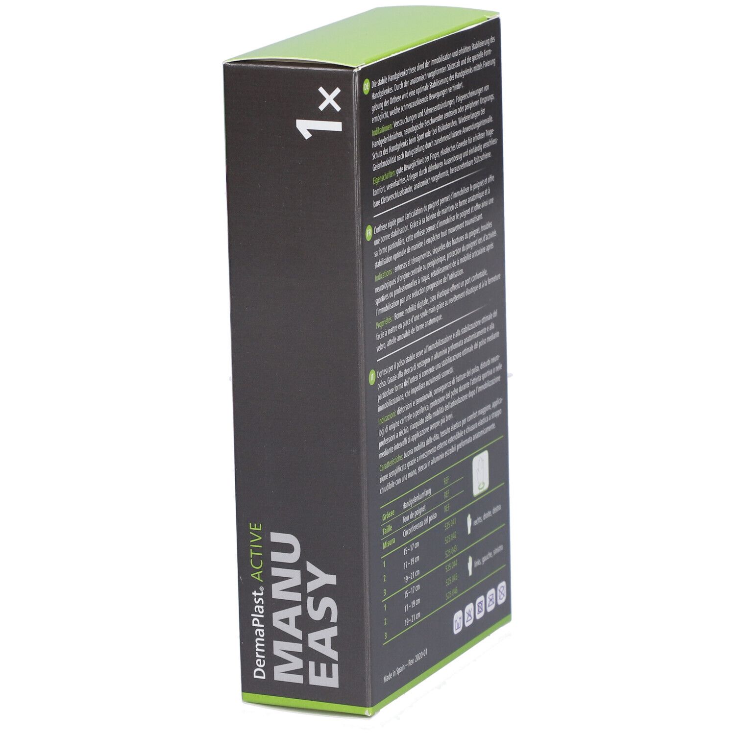 Seitenansicht der Verpackung. Text in Deutsch, Französisch, Italienisch. Marke: Dermaplast Active Manu Easy.