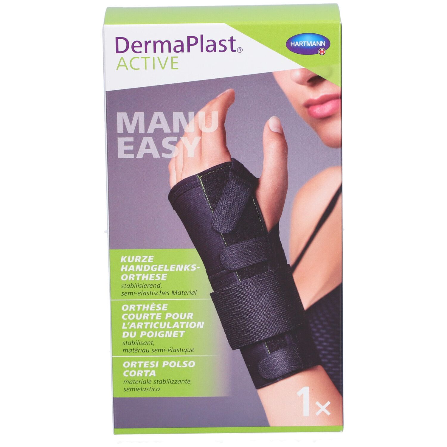 Verpackung der Handgelenkorthese. Marke: Dermaplast Active Manu Easy. Schwarze Orthese auf einer Hand abgebildet.
