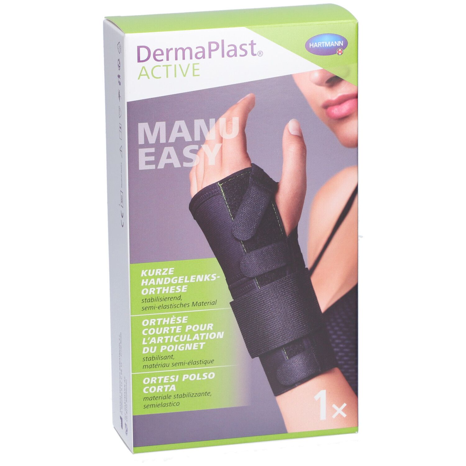 Verpackung der Handgelenkorthese. Marke: Dermaplast Active Manu Easy. Schwarze Orthese auf einer Hand abgebildet.
