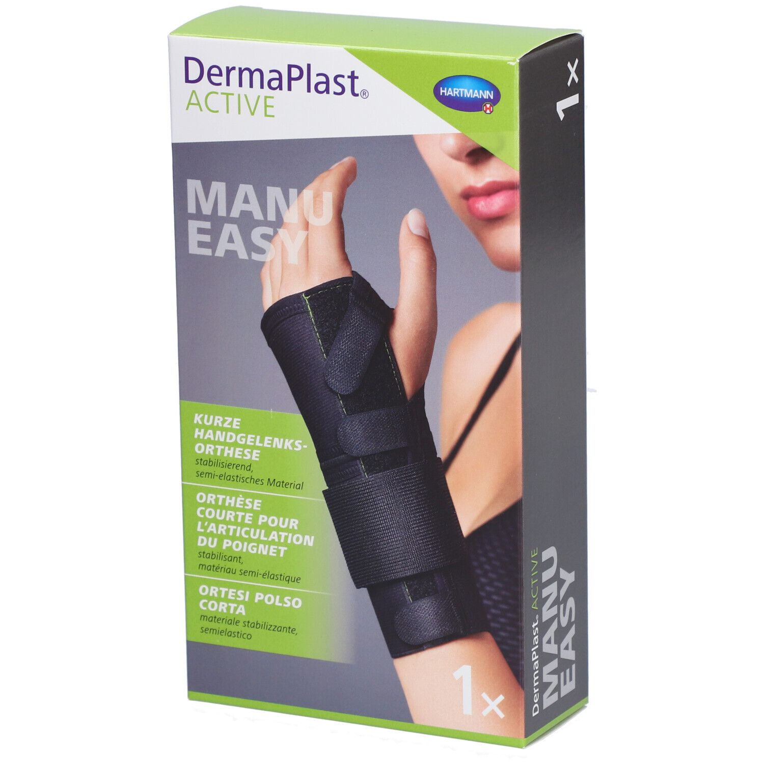 Emballage de l'orthèse Dermaplast Active Manu Easy. Orthèse noire sur une main. Texte : Orthèse courte pour l'articulation du poignet.