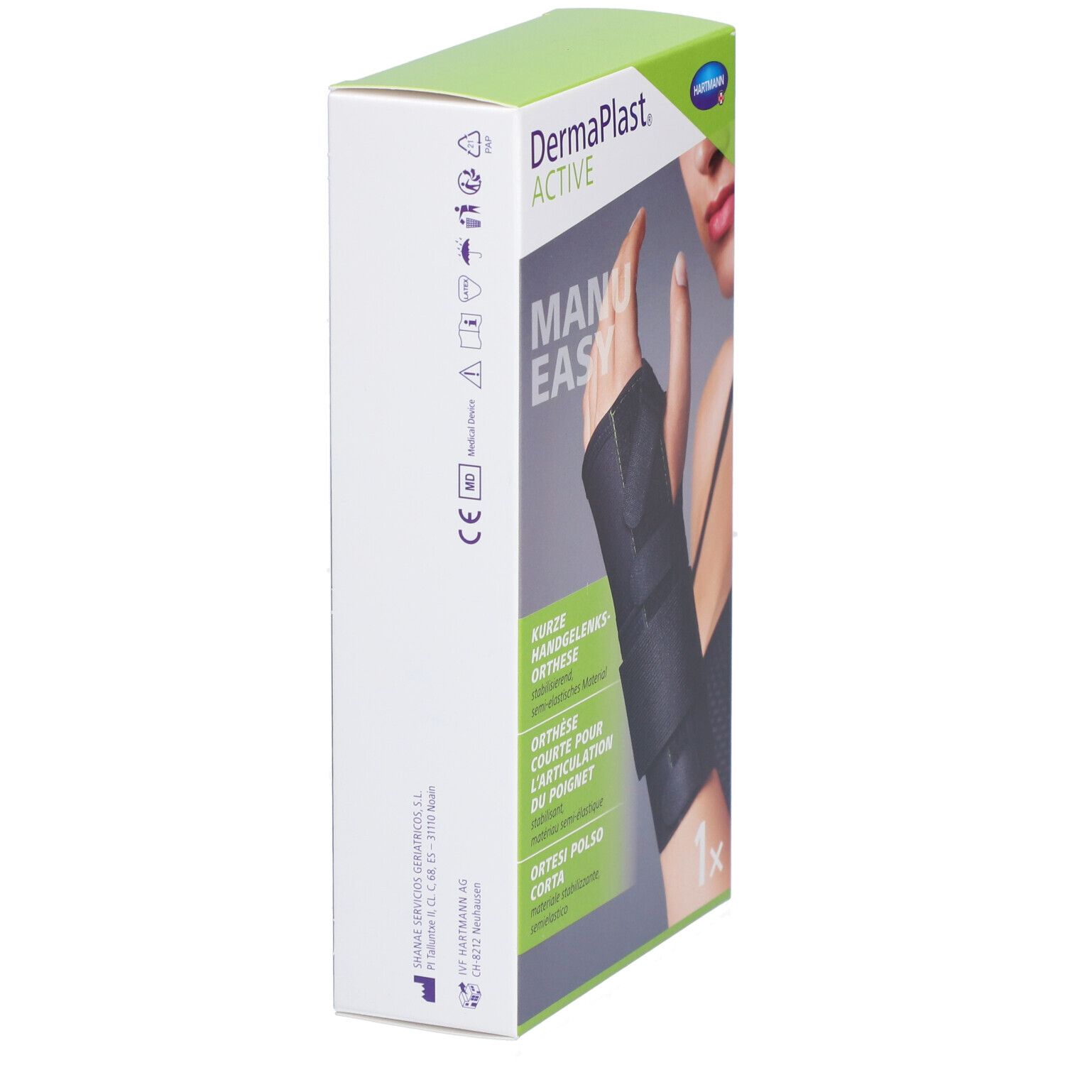 Vue latérale de l'emballage Dermaplast Active Manu Easy. Texte : Orthèse courte pour l'articulation du poignet, Ortesi polso corta.