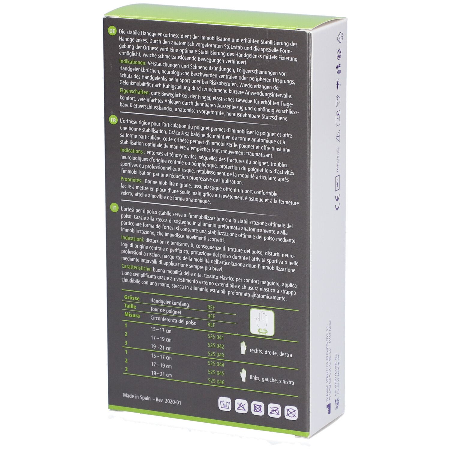 Dos de l'emballage Dermaplast Active Manu Easy. Texte et tableau des tailles pour le tour de poignet. Contenu en allemand, français et italien.