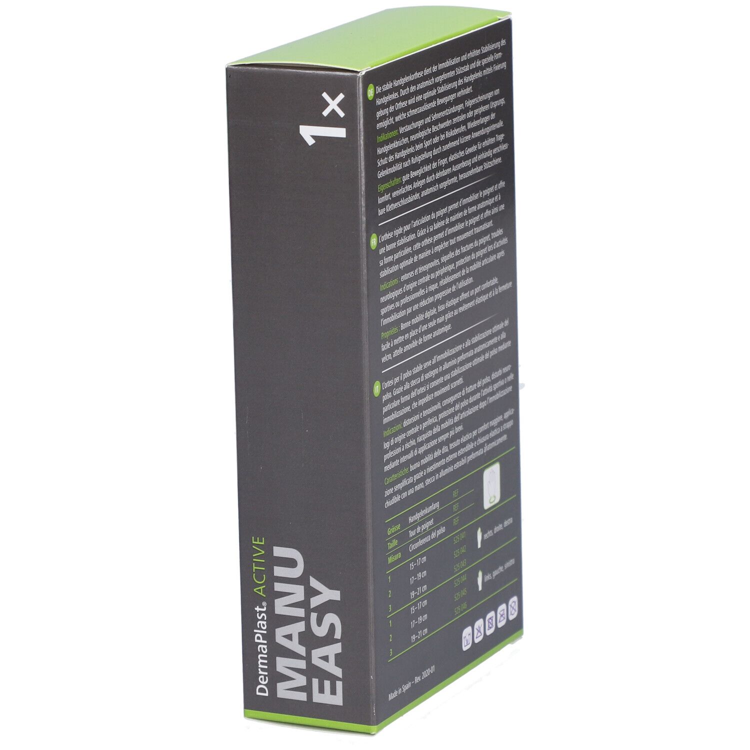 Vue latérale de l'emballage Dermaplast Active Manu Easy. Texte et tableau des tailles pour le tour de poignet. Contenu en allemand, français et italien.