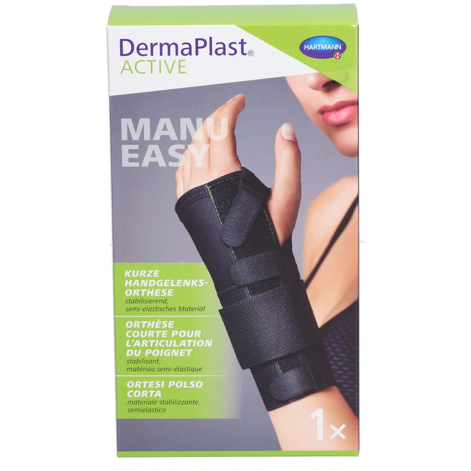 Orthèse Dermaplast Active Manu Easy sur une main. Orthèse noire avec fermetures velcro. Texte : Orthèse courte pour l'articulation du poignet.