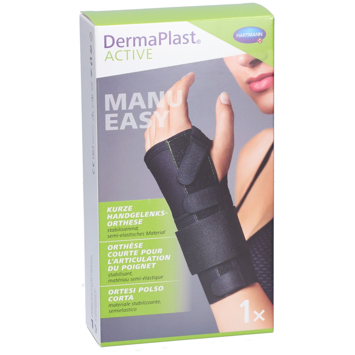 Orthèse Dermaplast Active Manu Easy sur une main. Orthèse noire avec fermetures velcro. Texte : Orthèse courte pour l'articulation du poignet.