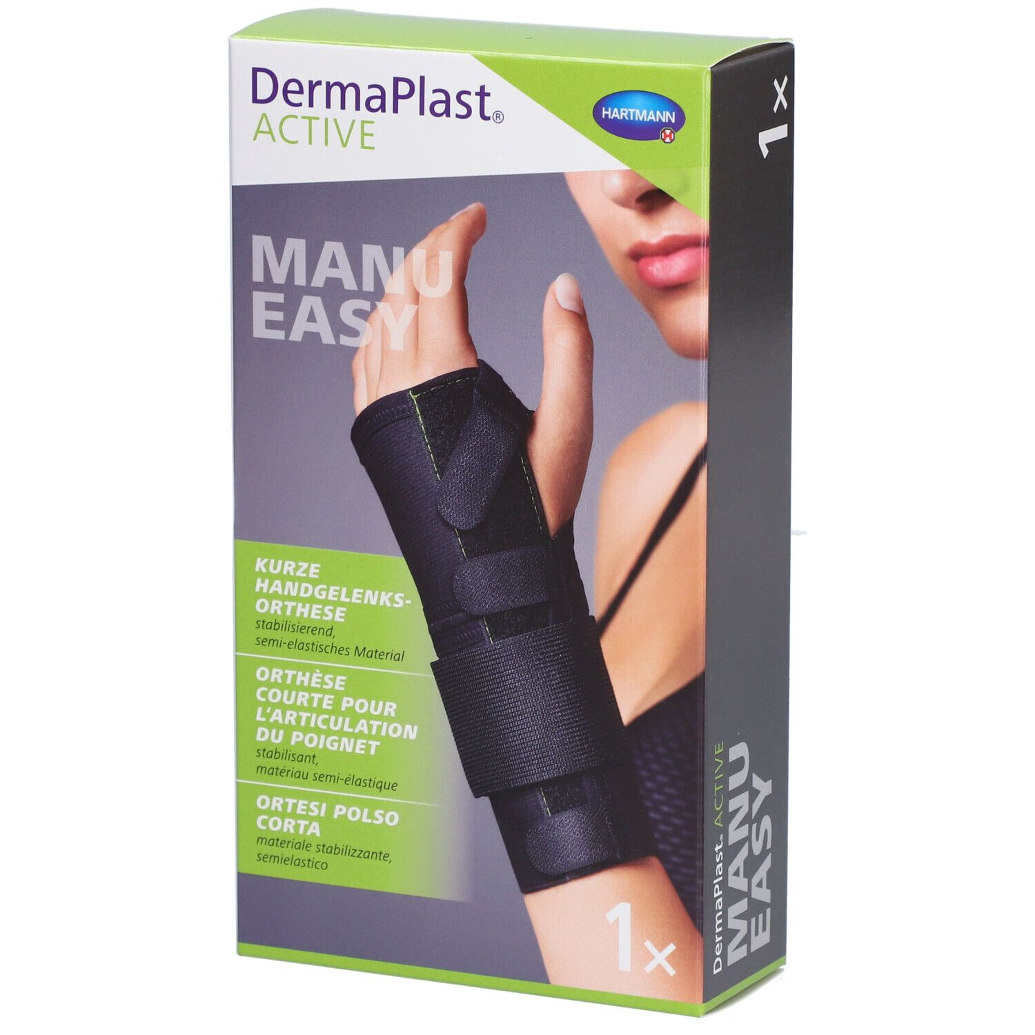 Emballage de l'orthèse de poignet. Orthèse noire Manu Easy sur une main. Marque: Dermaplast Active. Boîte avec logo Hartmann.