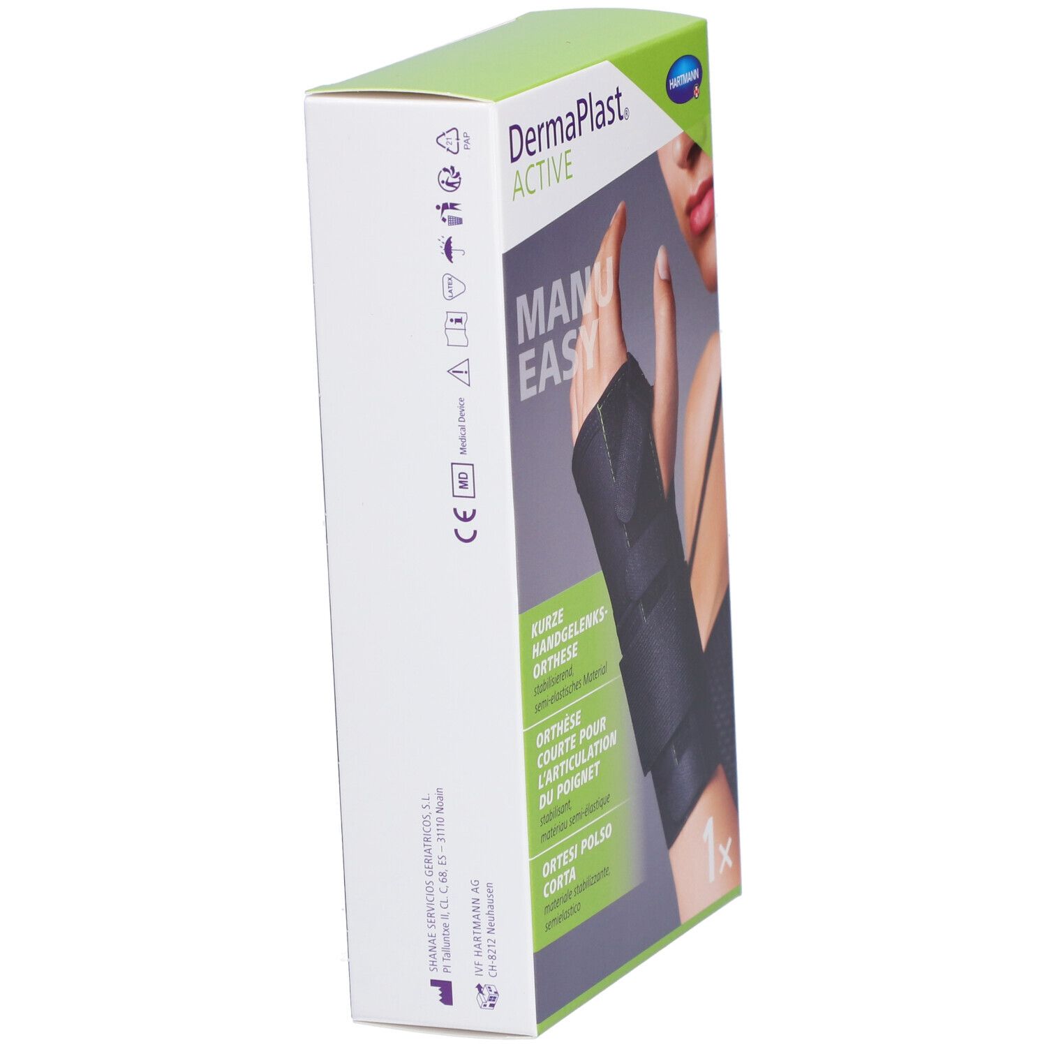 Vue latérale de l'emballage. Dermaplast Active Manu Easy. Texte en allemand, français, italien. Avec marquage CE.