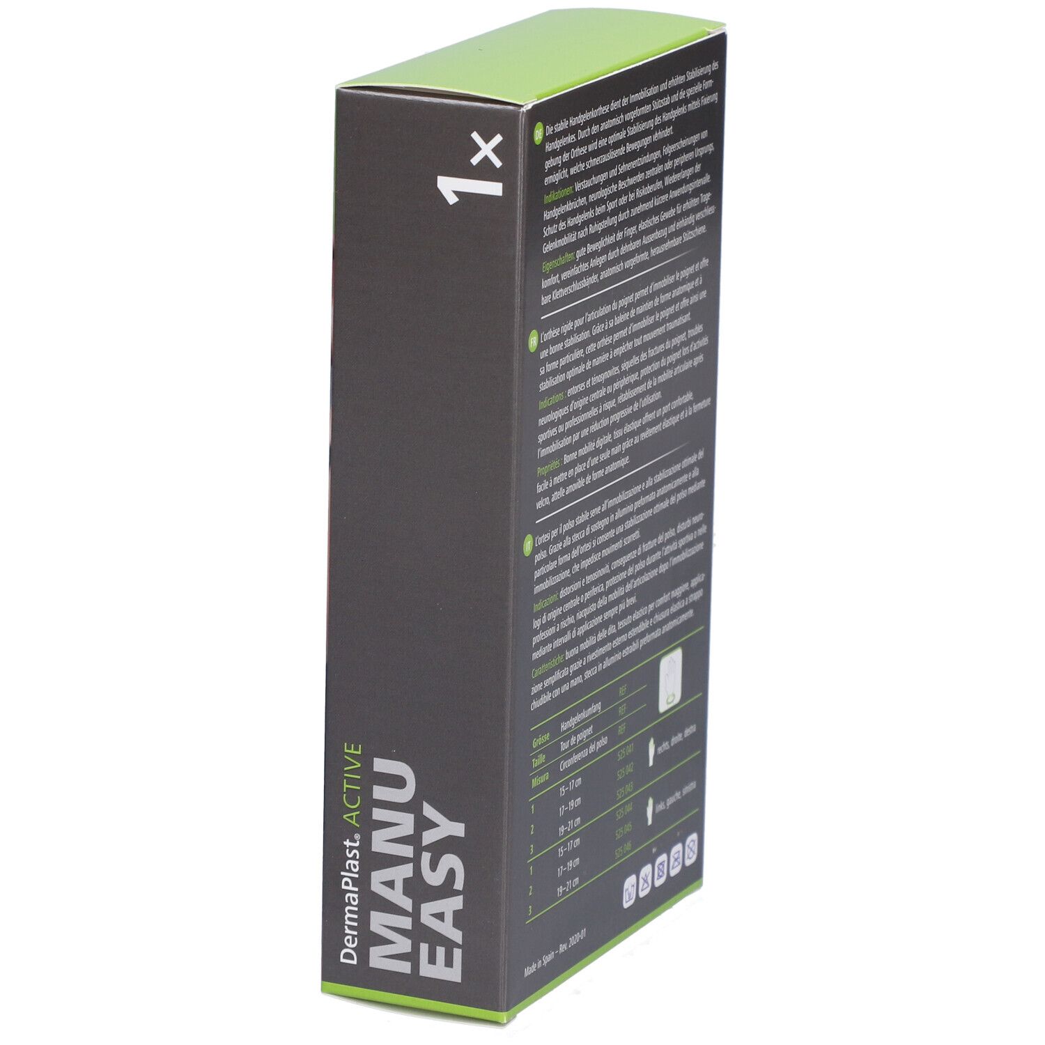 Vue latérale de l'emballage. Dermaplast Active Manu Easy. Texte en allemand, français, italien. Avec indications de taille.