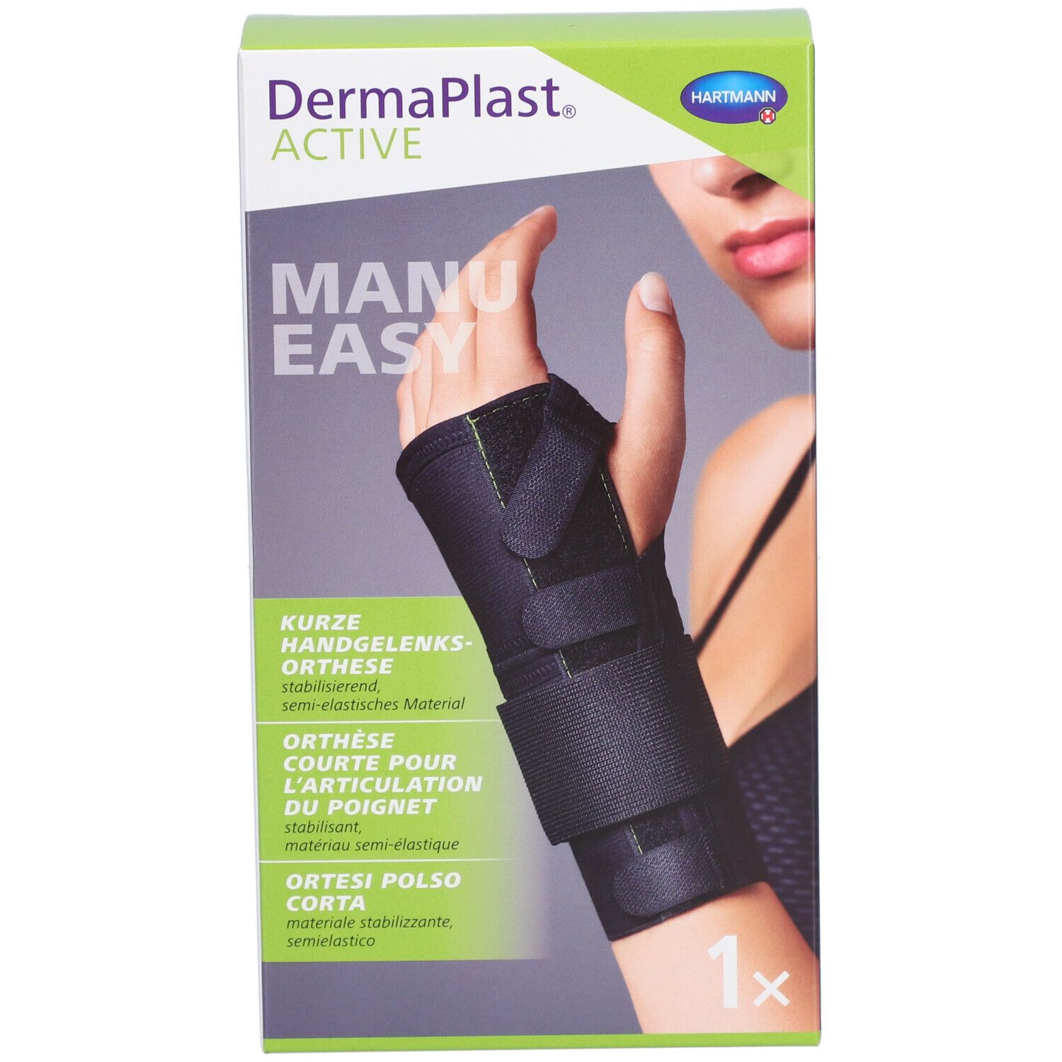 Emballage de l'orthèse de poignet. Orthèse noire Manu Easy sur une main. Marque: Dermaplast Active. Boîte avec logo Hartmann.