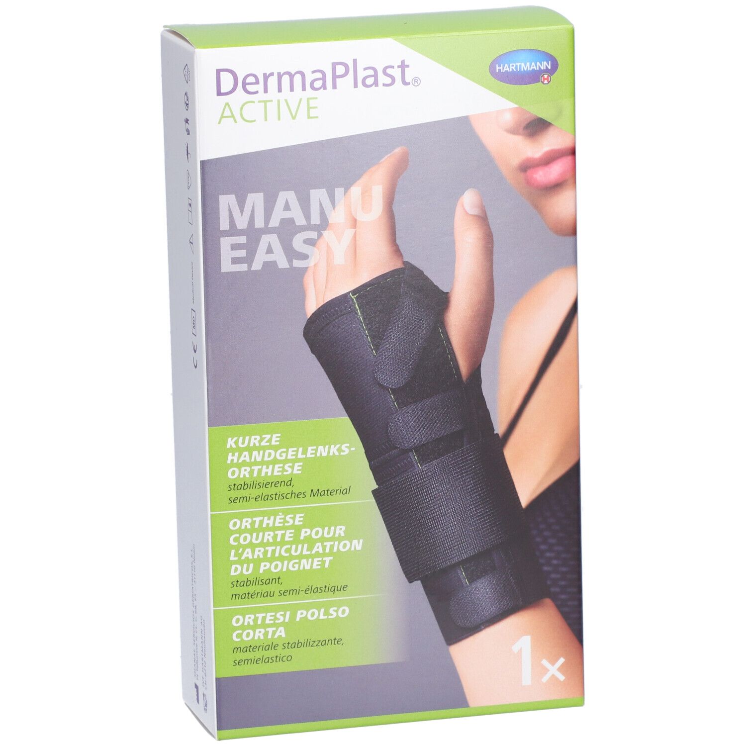 Emballage de l'orthèse de poignet. Orthèse noire Manu Easy sur une main. Marque: Dermaplast Active. Boîte avec logo Hartmann.