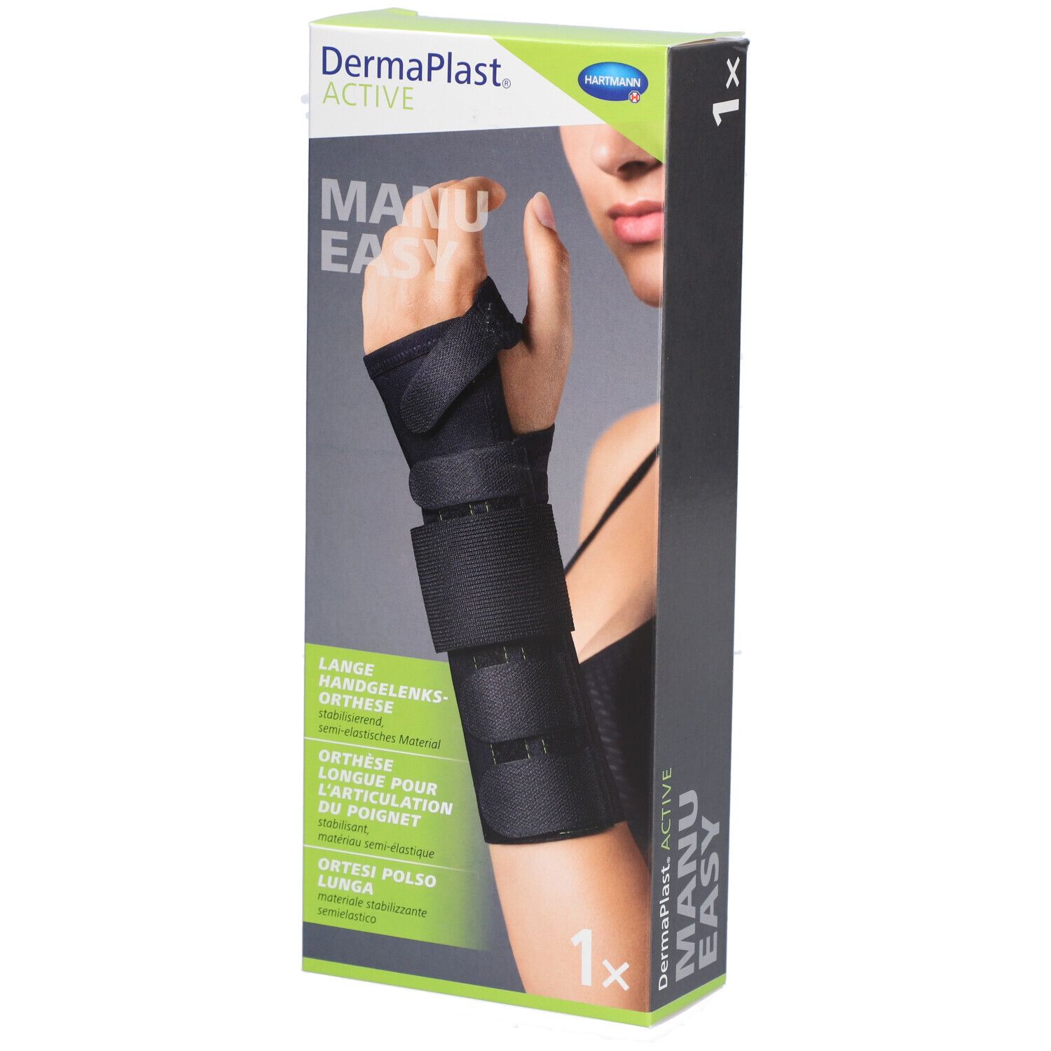 Verpackung der Dermaplast Active Manu Easy 1 Long droit. Schwarze Handgelenkorthese auf der Verpackung abgebildet.