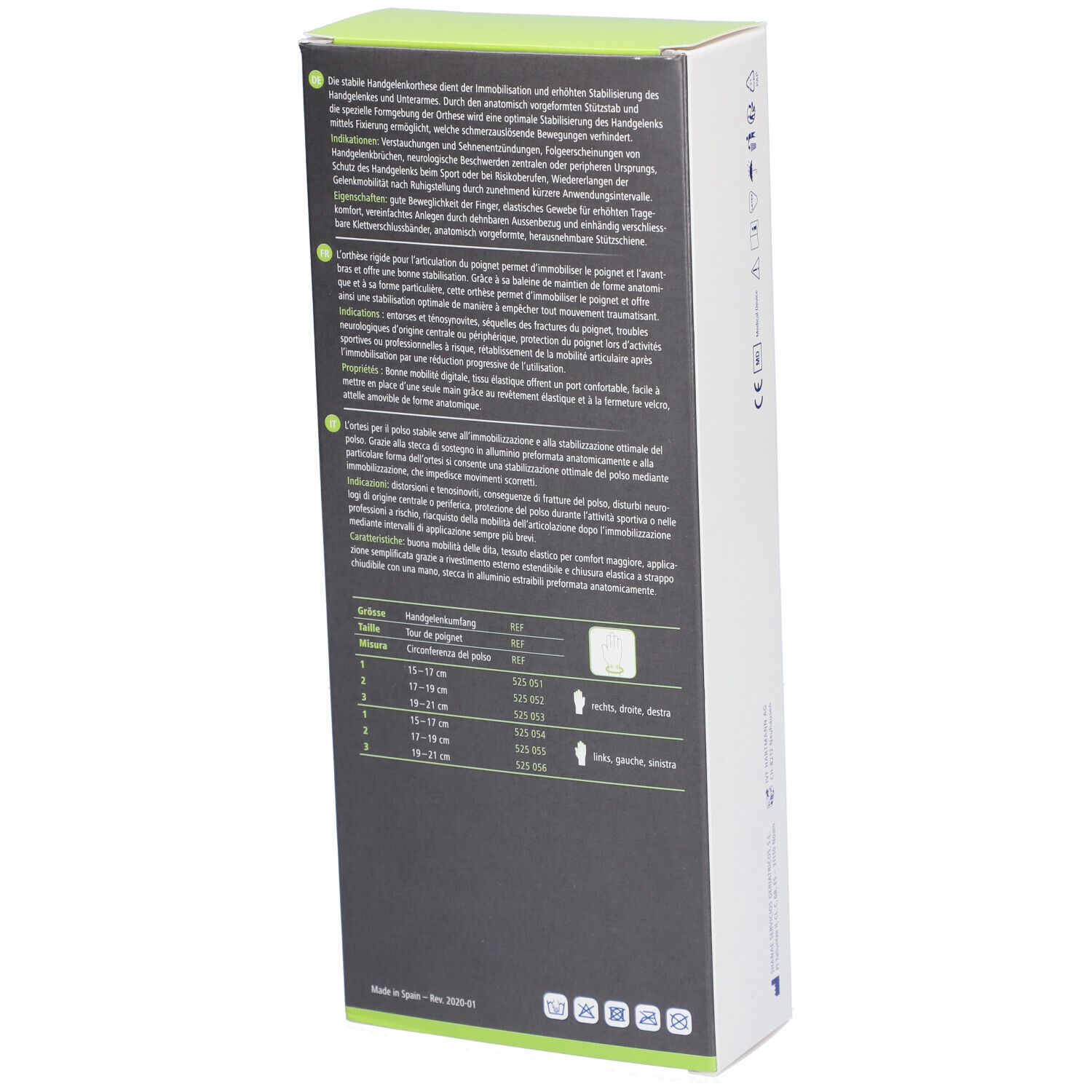 Rückseite der Dermaplast Active Manu Easy 1 Long droit Verpackung. Textinformationen und Größentabelle.