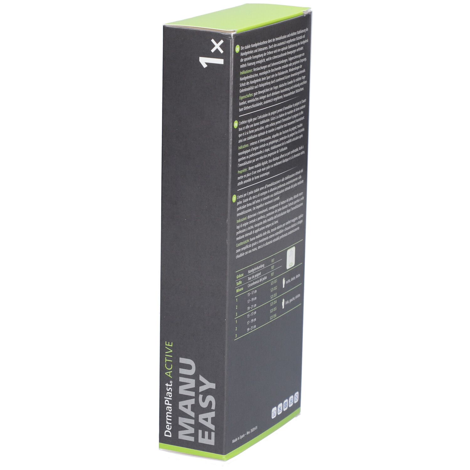 Seitenansicht der Dermaplast Active Manu Easy 1 Long droit Verpackung. Text und Produktabbildung.