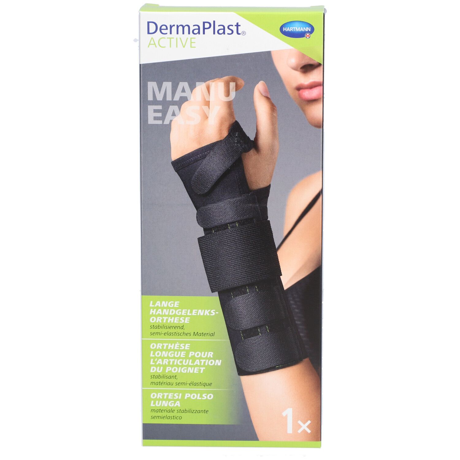 Dermaplast Active Manu Easy 1 Long droit Verpackung. Handgelenkorthese in Schwarz abgebildet.