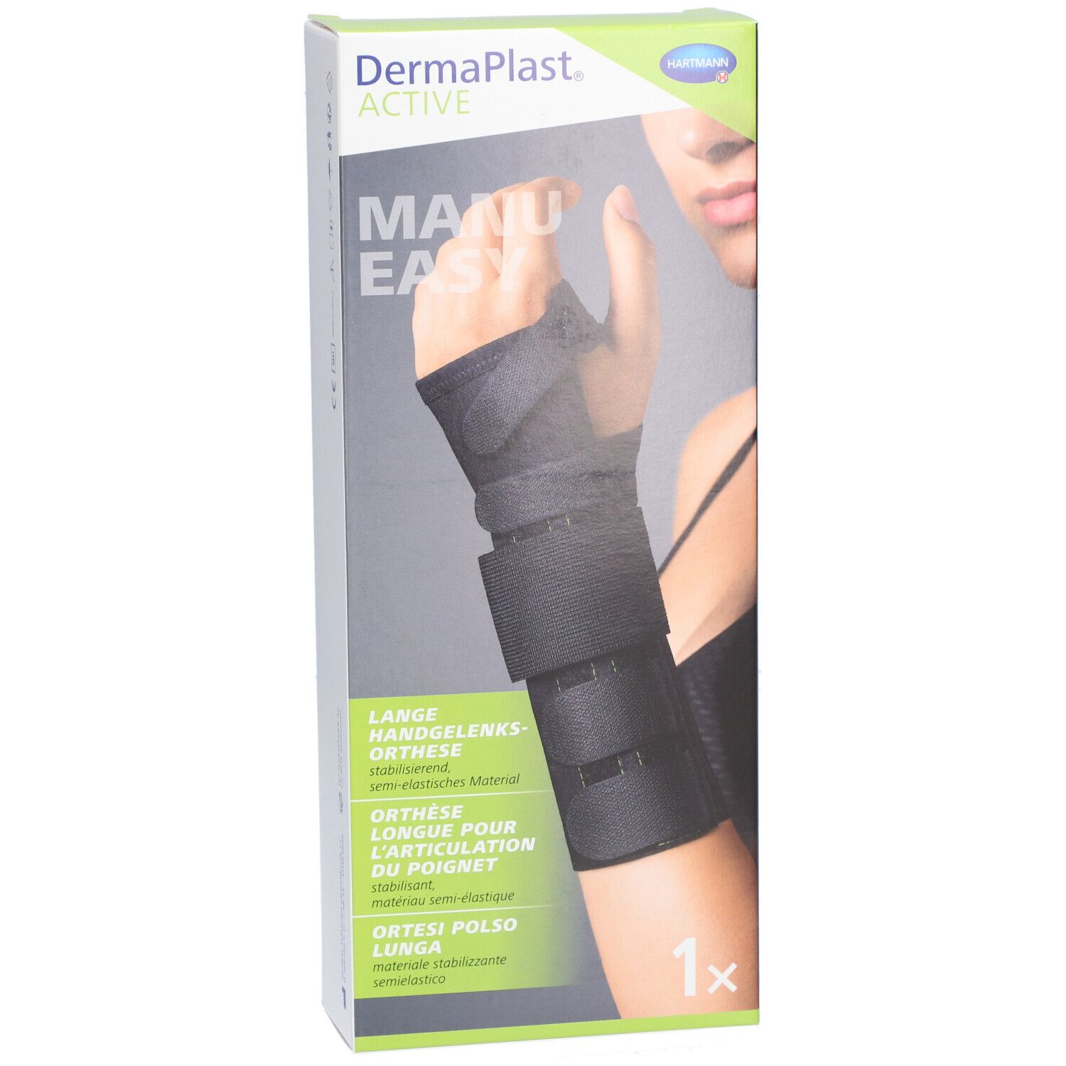 Dermaplast Active Manu Easy 1 Long droit Verpackung. Handgelenkorthese in Schwarz abgebildet.