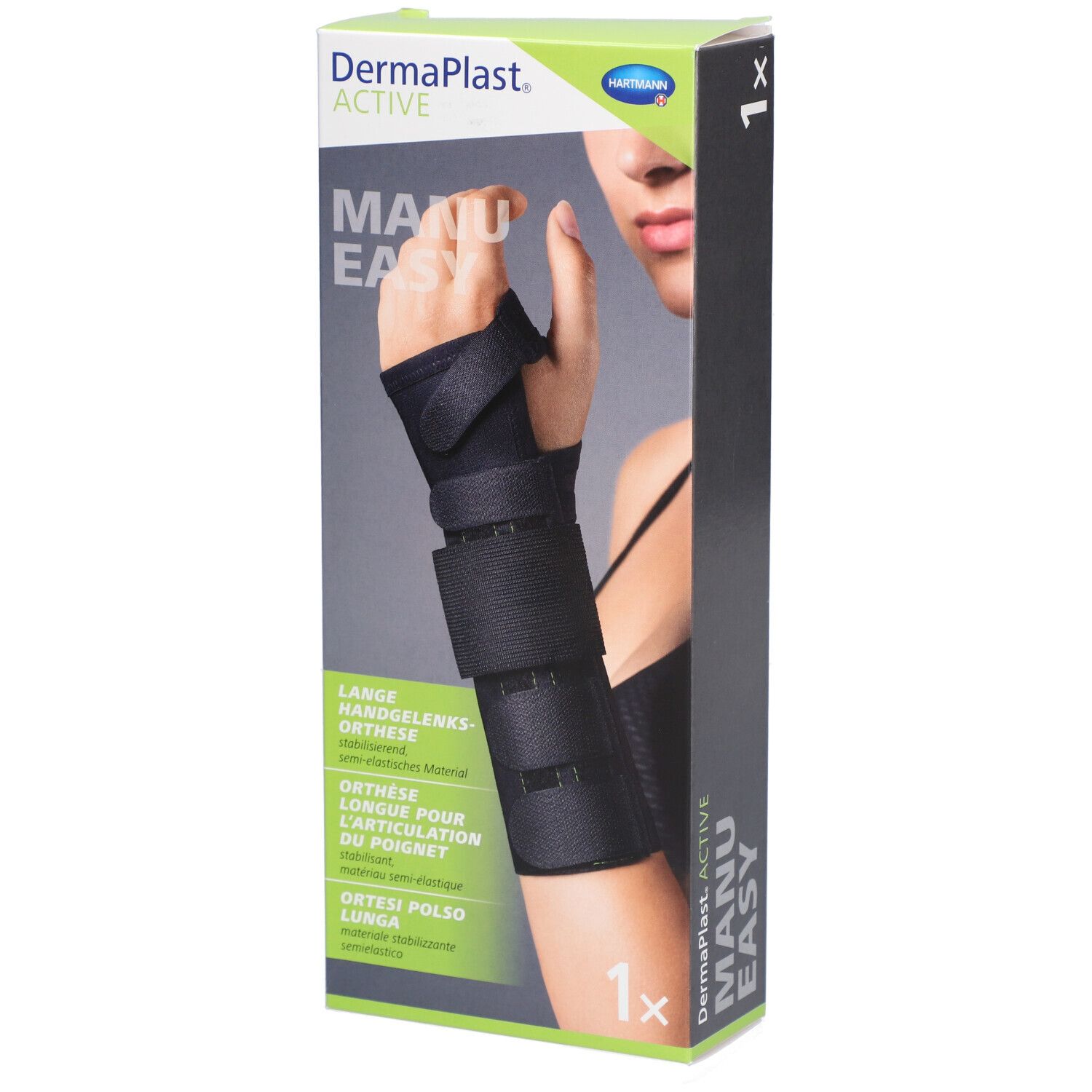 Boîte avec orthèse de poignet. Orthèse noire sur modèle de main. Texte: Dermaplast Active Manu Easy. 1x.
