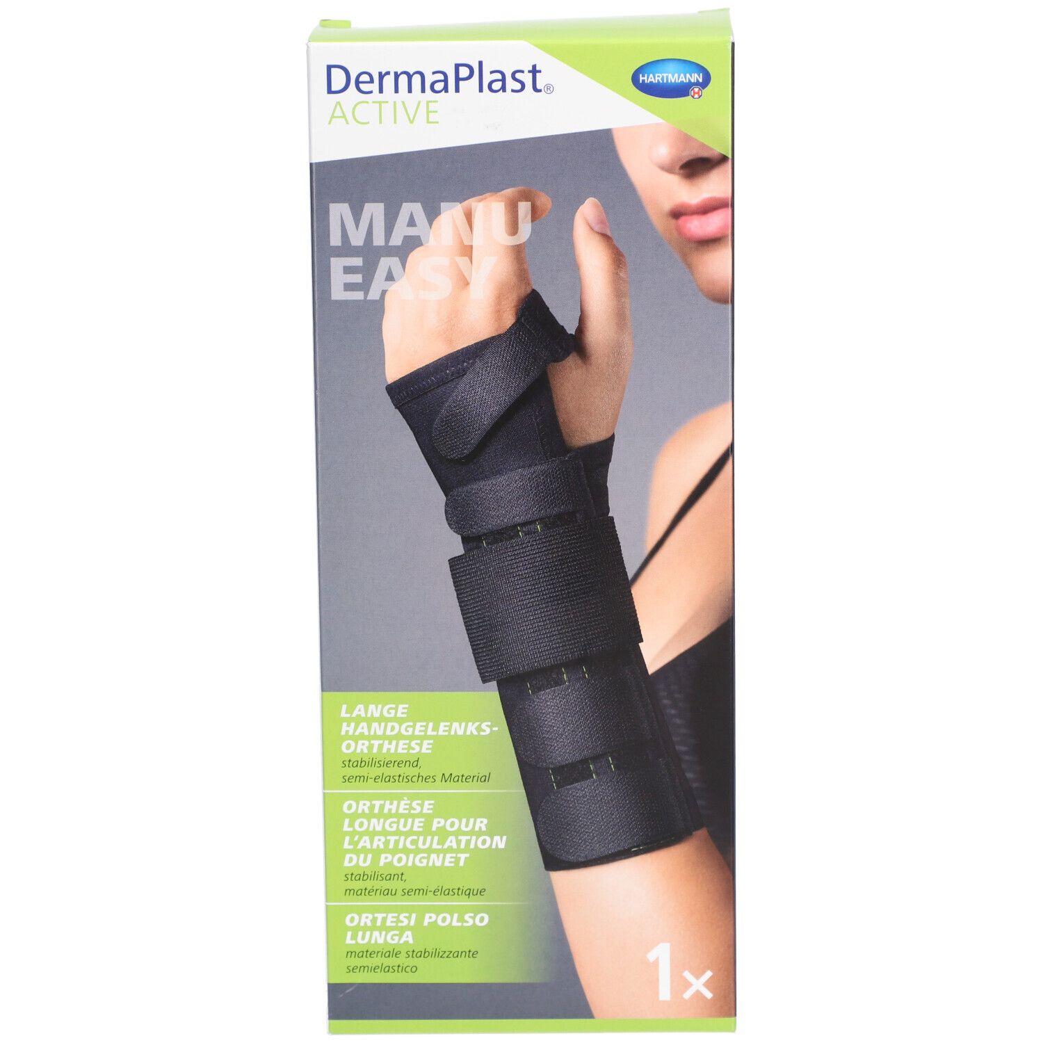 Boîte avec orthèse de poignet. Orthèse noire sur modèle de main. Texte: Dermaplast Active Manu Easy. 1x.