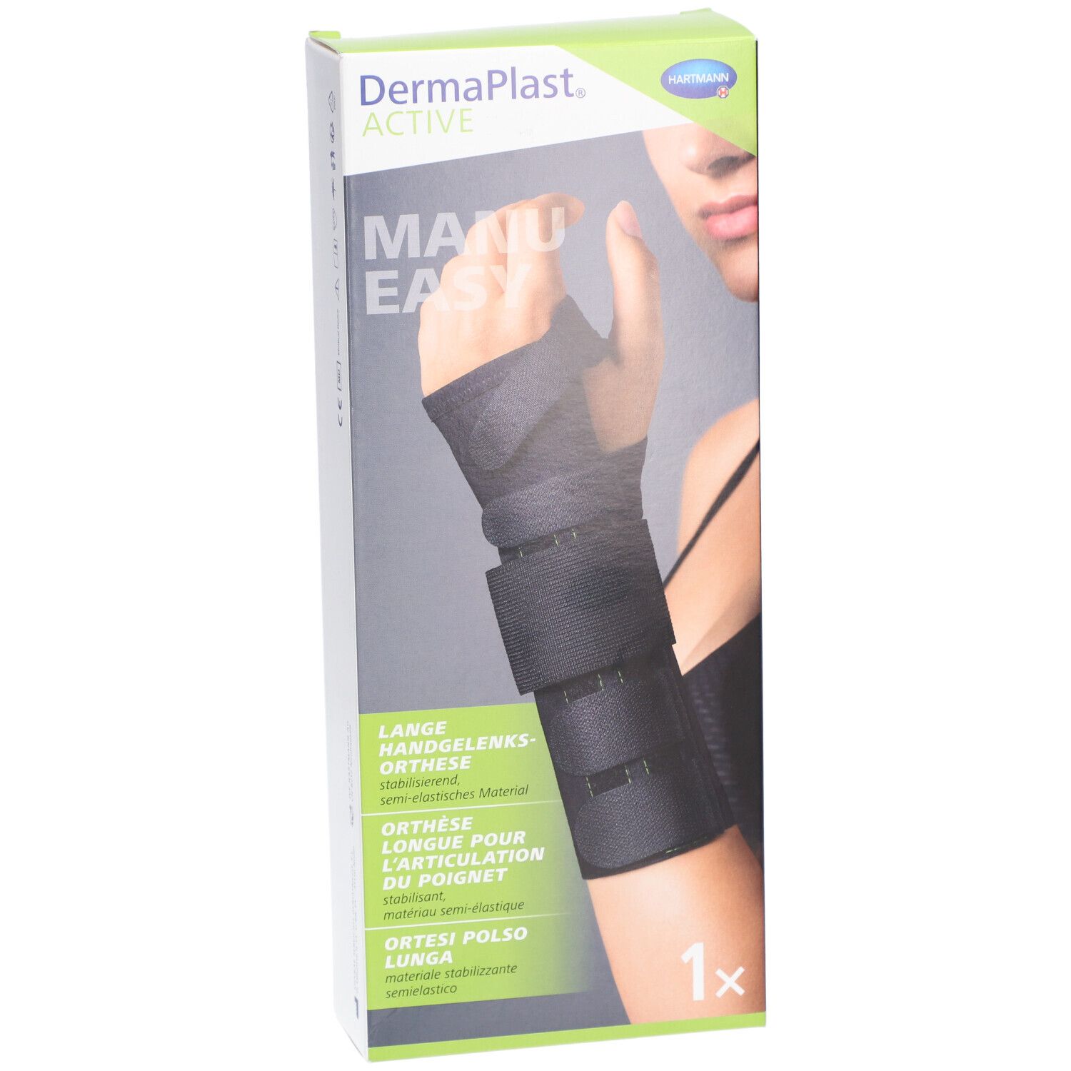Boîte avec orthèse de poignet. Orthèse noire sur modèle de main. Texte: Dermaplast Active Manu Easy. 1x.